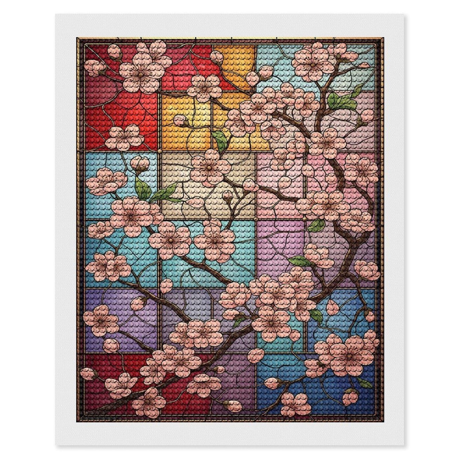 Junmoney Stained Glass Light Cherry Blossom Round Drill Diamond Painting 16"x20", for Craft Lovers, Stress Relief Craft, Bedroom Decor, Festive Craft Gift