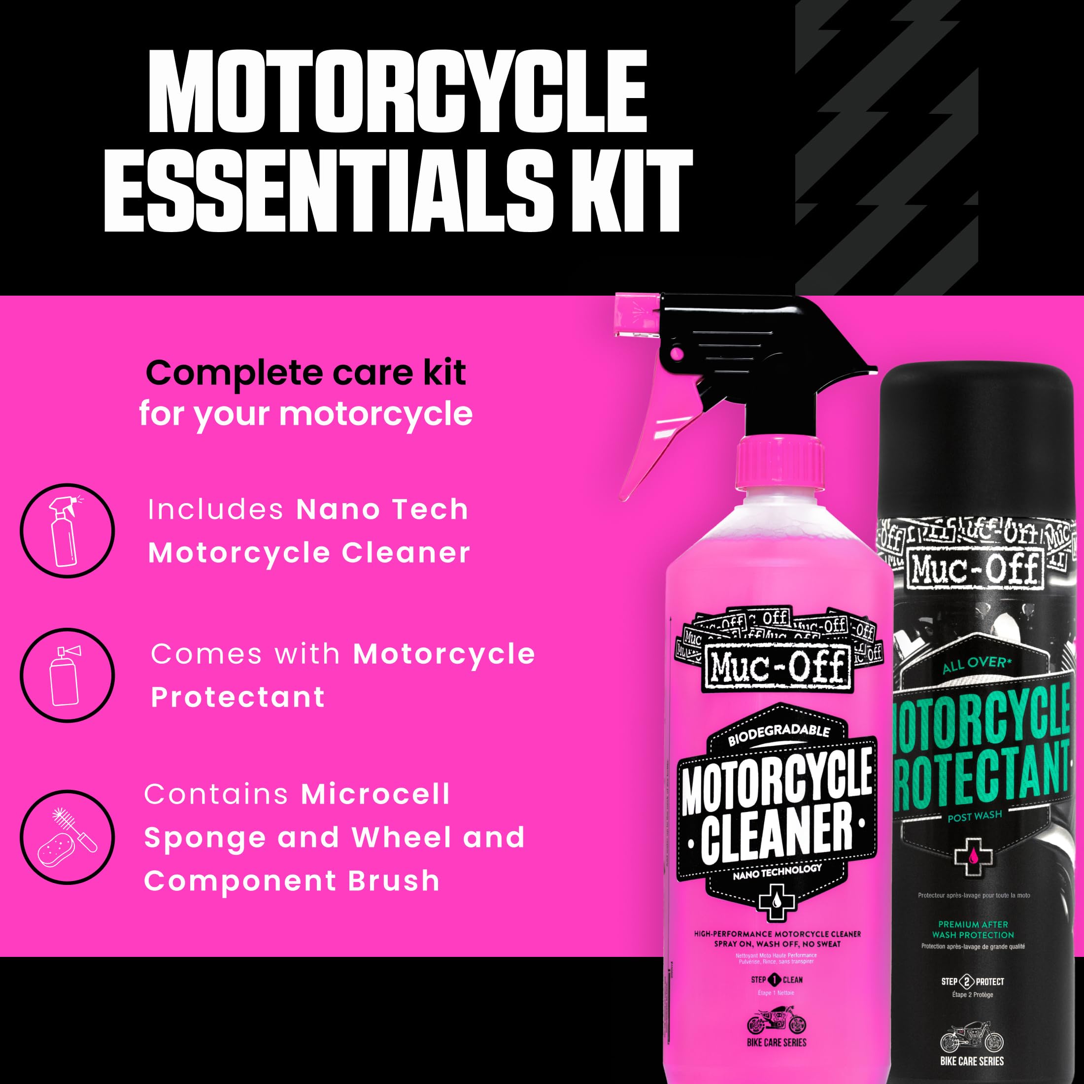 Muc-Off Kit de limpieza de Motos - Imprescindibles para Limpieza y Mantenimiento - Incluye Limpiador de Motos, Protector de Moto y Más