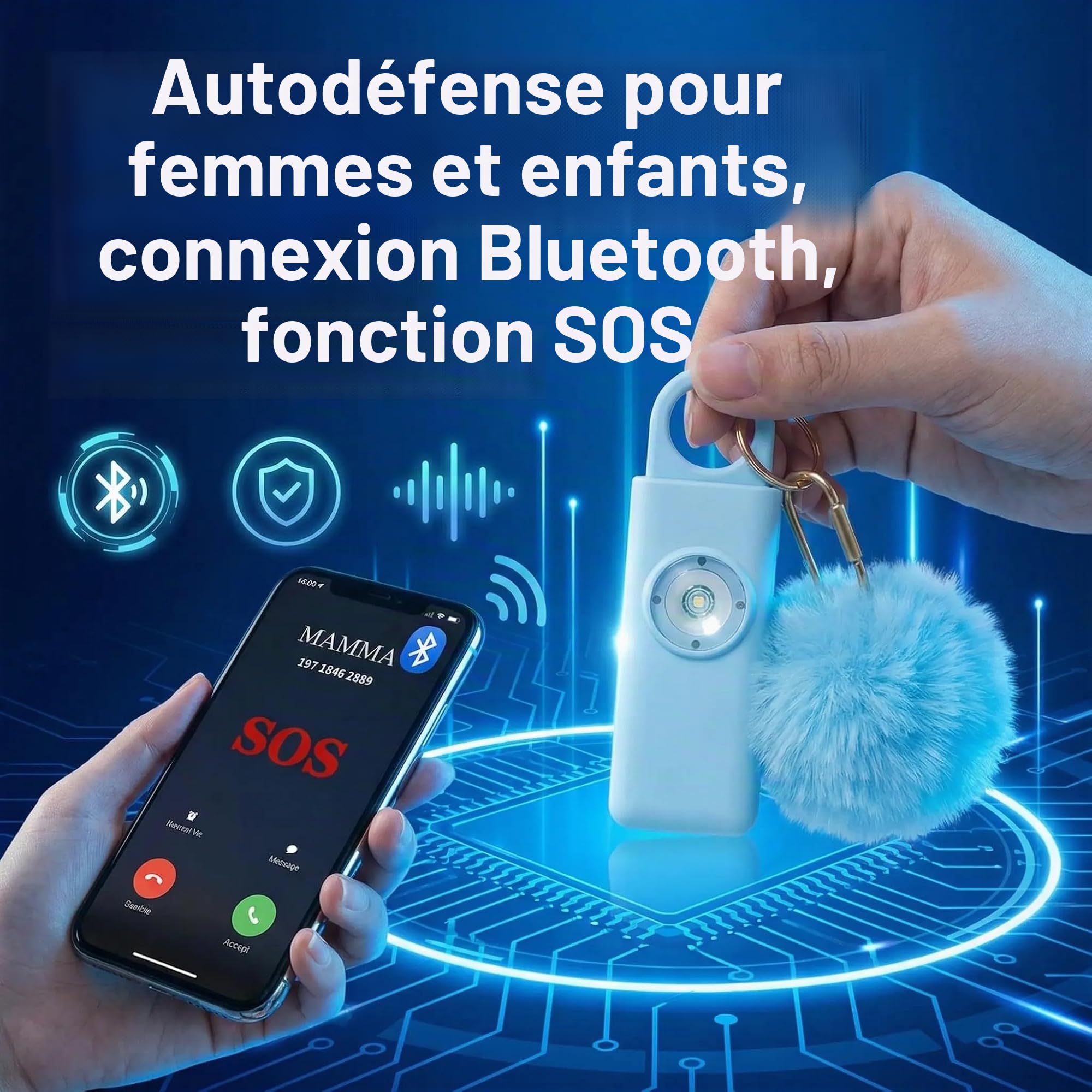 Porte-clés d'alarme anti-panique, dispositif anti-agression SOS appel automatique, envoi instantané position GPS, sirène 130 dB, défense personnelle et autodéfense pour femmes, enfants et personnes