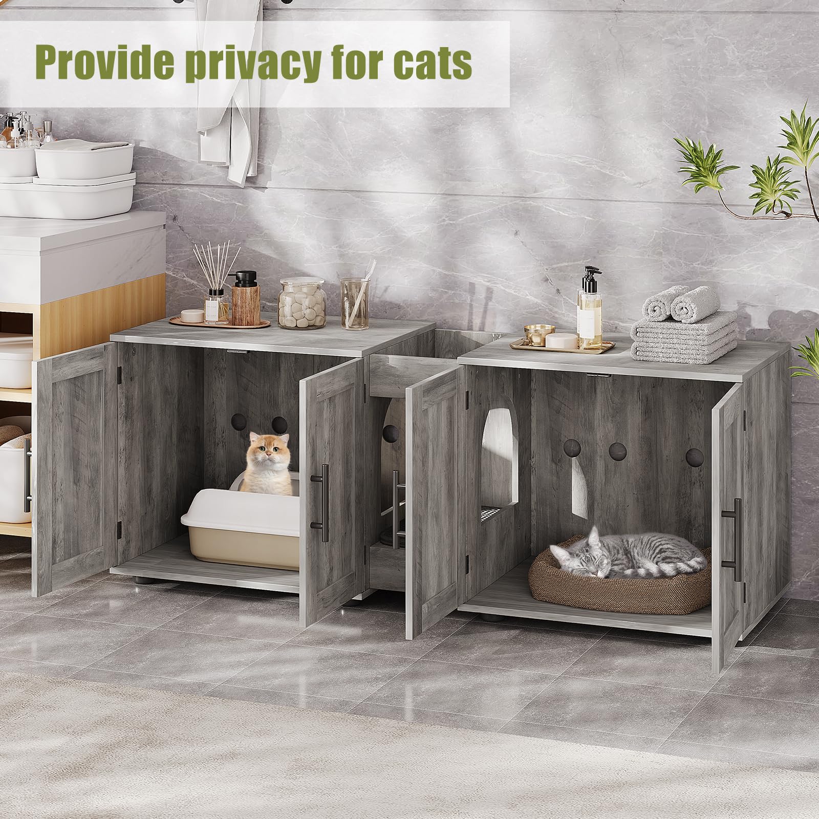 Meuble Litiere 2 Chat en Bois avec 4 Porte,Maison de Toilette Chat Caché avec Plan de Travail,Ouvert Rangement Casier,8 Aération,Armoire litière Entrée latérale pour Salon,Bain(140x55x45cm,Gris)