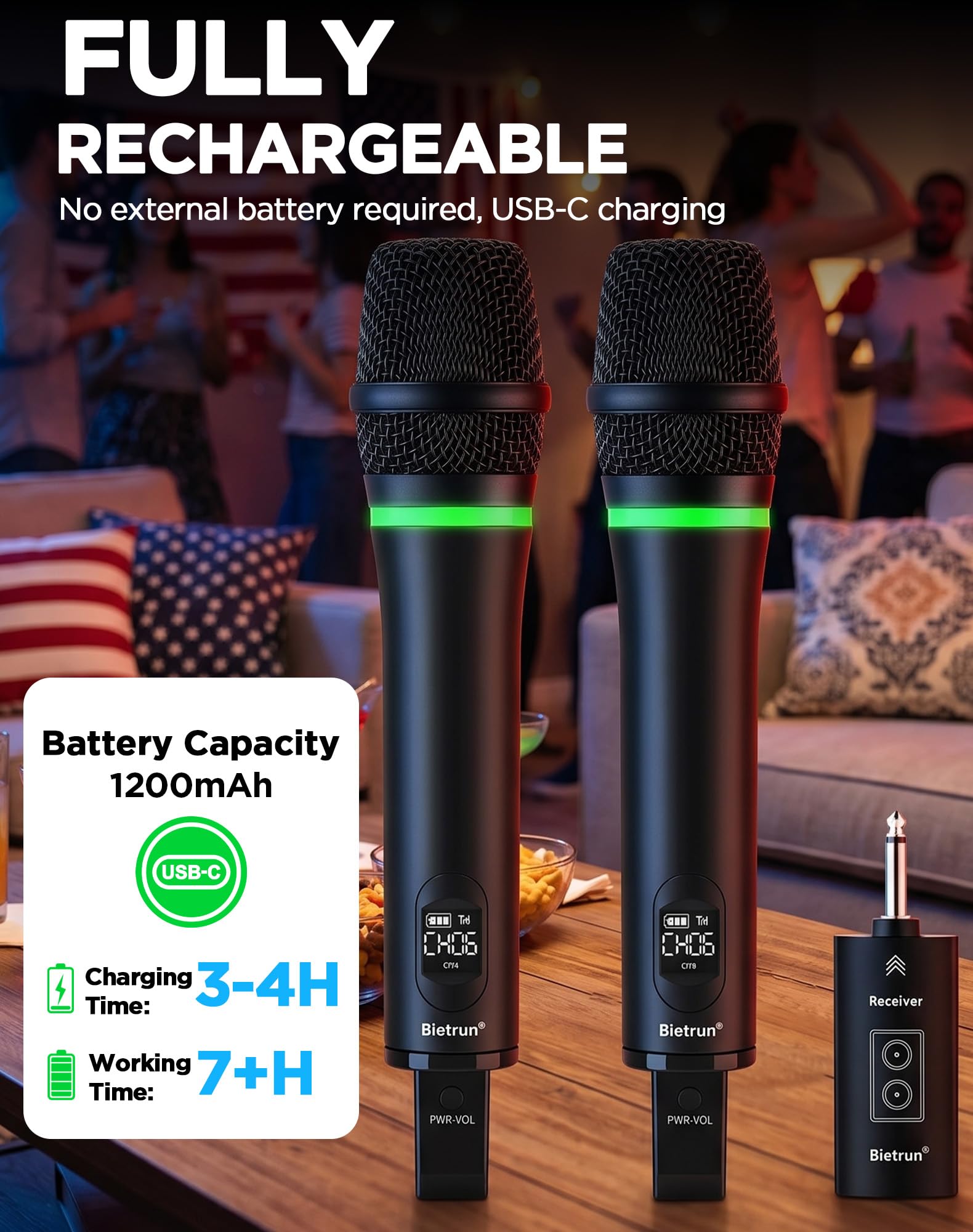 Bietrun Micrófono inalámbrico recargable, micrófonos inalámbricos dinámicos de mano de metal dual con salida de 1/4 pulgadas para karaoke, reuniones, cantos, iglesia, boda (rango UHF de 240 pies)
