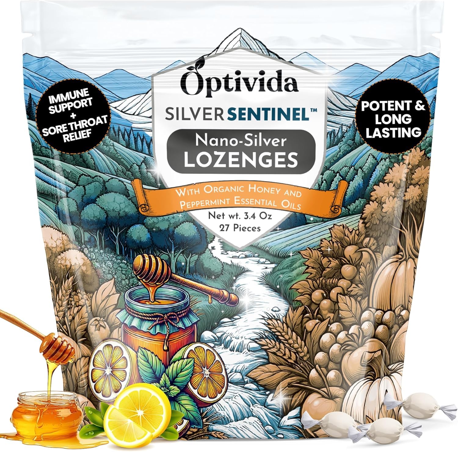 OPTIVIDA Health Premium Nano Silver Lozenges (1 Pack) - Fast-Acting Honey Cough Drops for Adults with Lemon Oil, Cough Relief Honey Lozenges for Immune System Support, Honey Throat Lozenges (60 PPM)