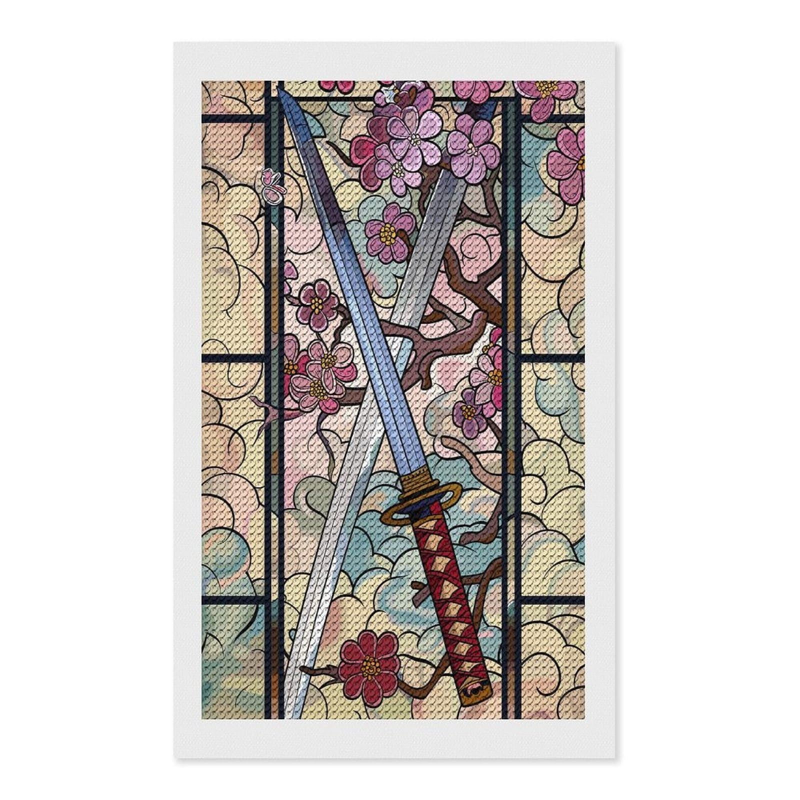 Junmoney Samurai Swords and Cherry Blossoms Diamond Painting Kit 12"x20", Adhesive Canvas, Home Wall Decor, for Beginners, Birthday Gift, Full Kit Included