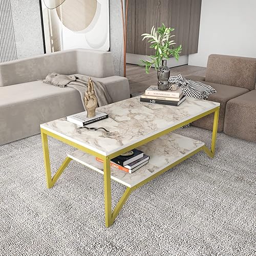 Flora - Mesa auxiliar rectangular moderna de diseño industrial de 47 pulgadas de ancho, parte superior de madera con acabado de mármol, marco de