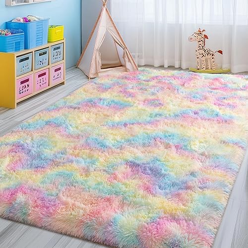 Miniatura 3 de Alfombra de arco iris esponjosa de 8 x 10 pies para sala de estar, alfombra grande y colorida teñida para dormitorio, habitación de niñas,