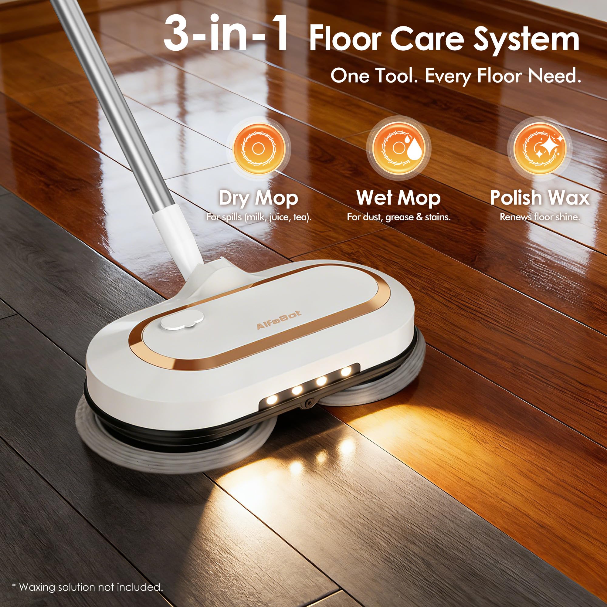 AlfaBot Fregona eléctrica inalámbrica para Limpieza de Suelos, Doble Giro con Faro LED, pulverización de Agua, batería de Larga duración, Limpiador de Pisos autopropulsado con Tubo Ajustable para