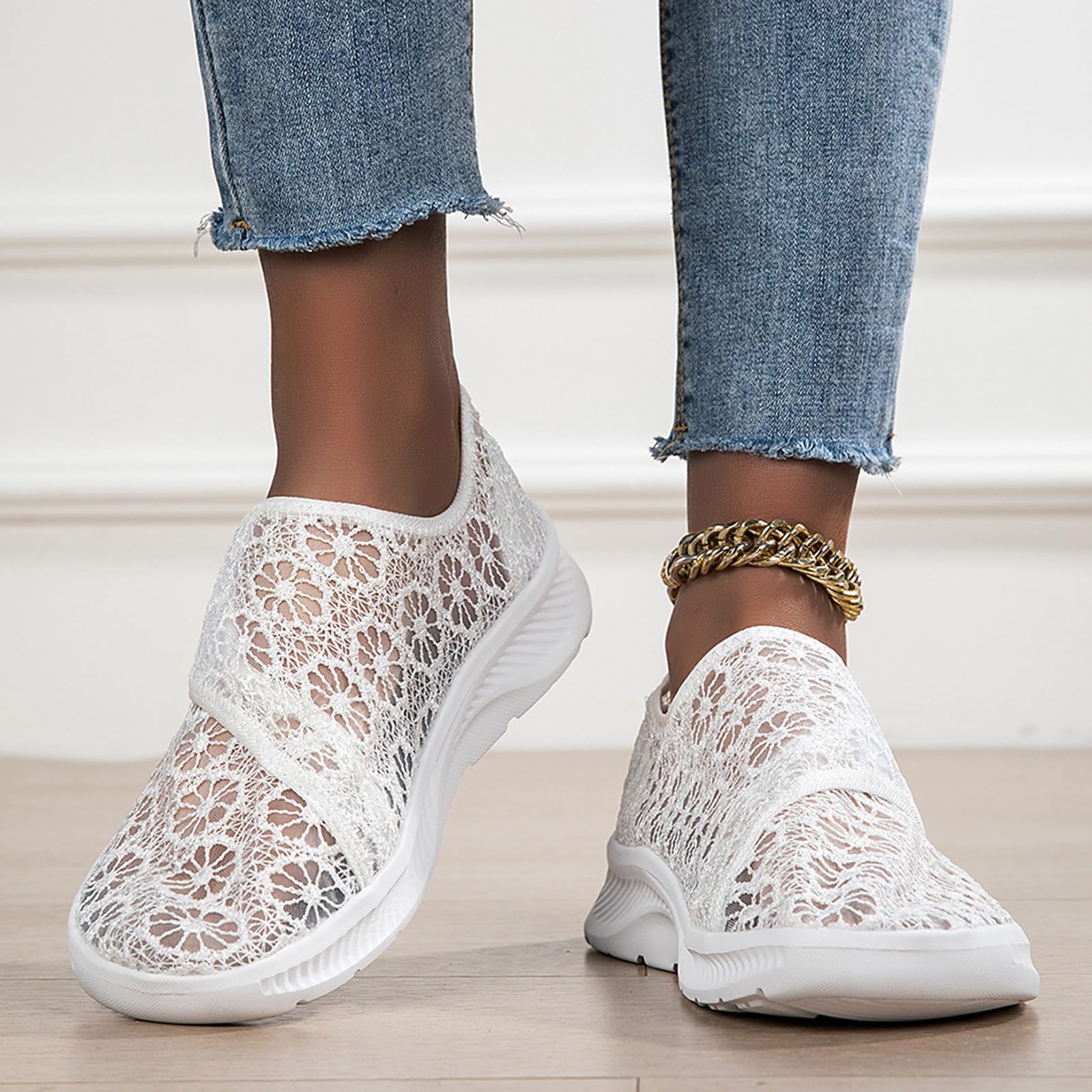 Zapatillas elegantes de encaje floral para mujer, transpirables, con correa de para vacaciones de verano y salidas casuales