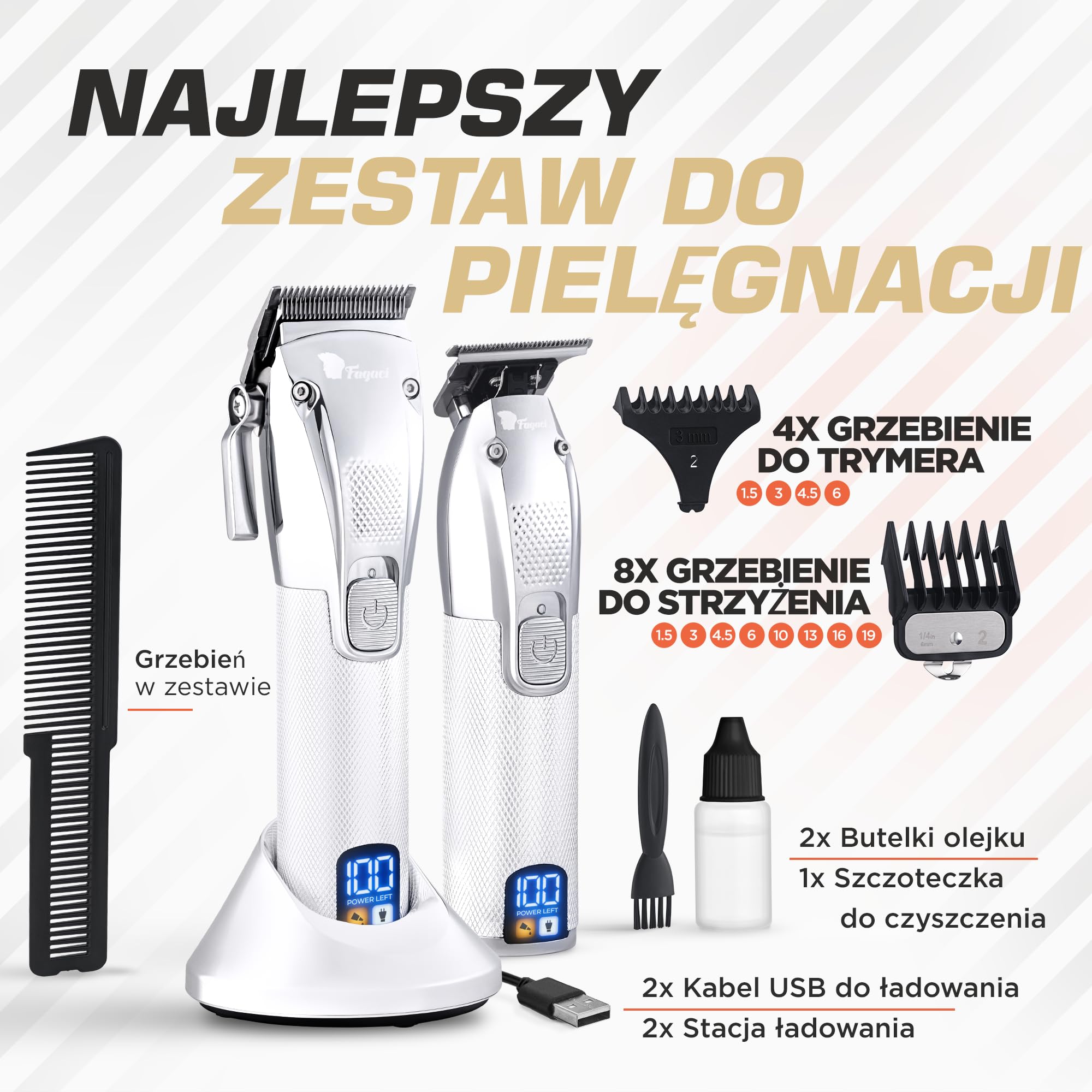 Fagaci Zestaw Maszynka i Trymer, Silniki Turbo, Bateria 5H i 3H, Stojak | Bateria starcza na 5 i 3 godziny pracy, Rekomendowane przez barberów, Ostrza z wysokowęglowej stali, Ciche silniki turbo