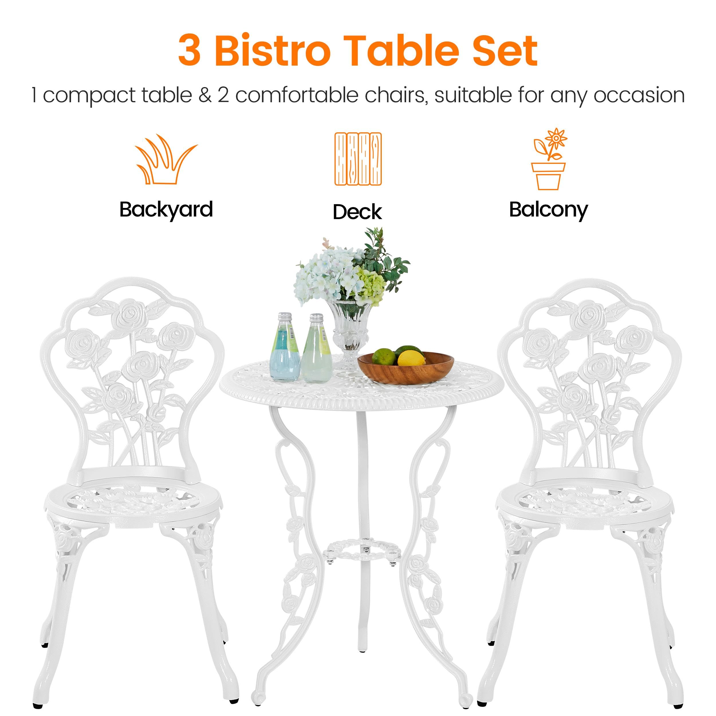 Yaheetech Conjunto de Mesa y Sillas Exterior Vintage Juegos de Muebles de Jardín de Aluminio Una Mesa con Dos Sillas para Balcón Blanco