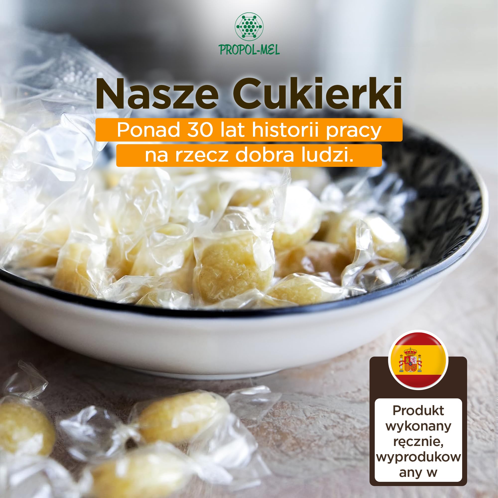 Cukierki Miodowo-Imbirowe x 500g - Bezglutenowe i Bezcukrowe. Hiszpańskie i ręcznej produkcji cukierki na gardło. Zalecany dla osób z nieświeżym oddechem lub nieprzyjemnym zapachem z ust i gardła.