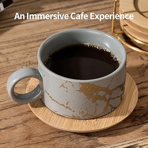 Miniatura 3 de LUKA Juego de 4 tazas apilables de porcelana de 6 onzas con platillos y soporte de metal, tazas de capuchino de cerámica para bebidas de café