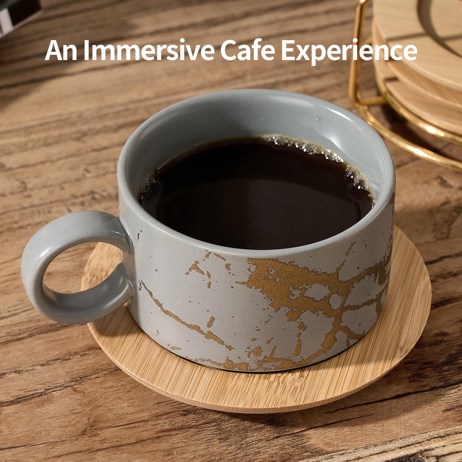LUKA Stapelbare Espressotassen aus Porzellan mit Untertassen und Metallständer, 170 ml, 4 Stück, Keramik-Cappuccino-Tassen-Set für spezielle Kaffeegetränke, Latte, Café, Mokka und Tee, Grau