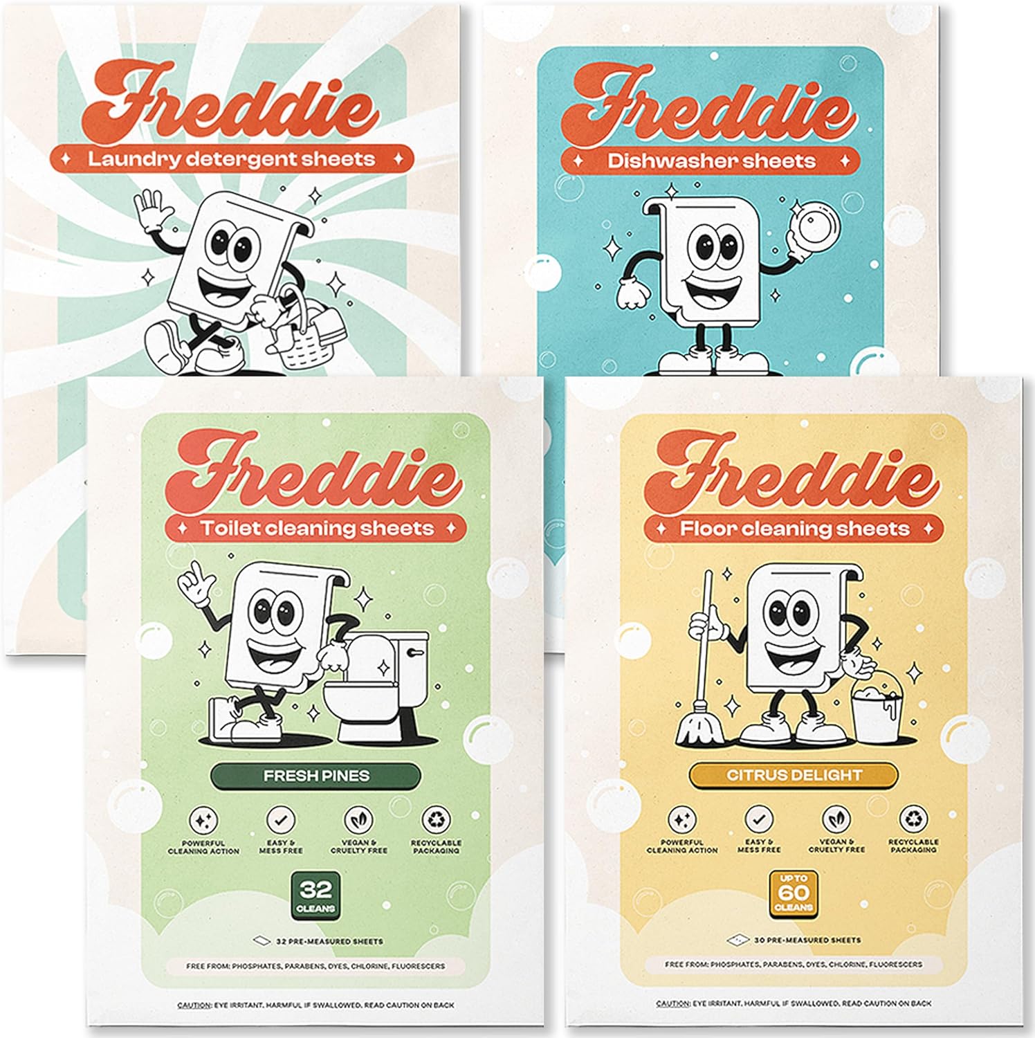 Freddie Everything 1x Bundle: 1 Pack of Frosty Mountain Laundry Sheeets plus 1 pack each of Toilet Cleaning Sheets, Floor Cleaning Sheets, Dishwashing Sheets