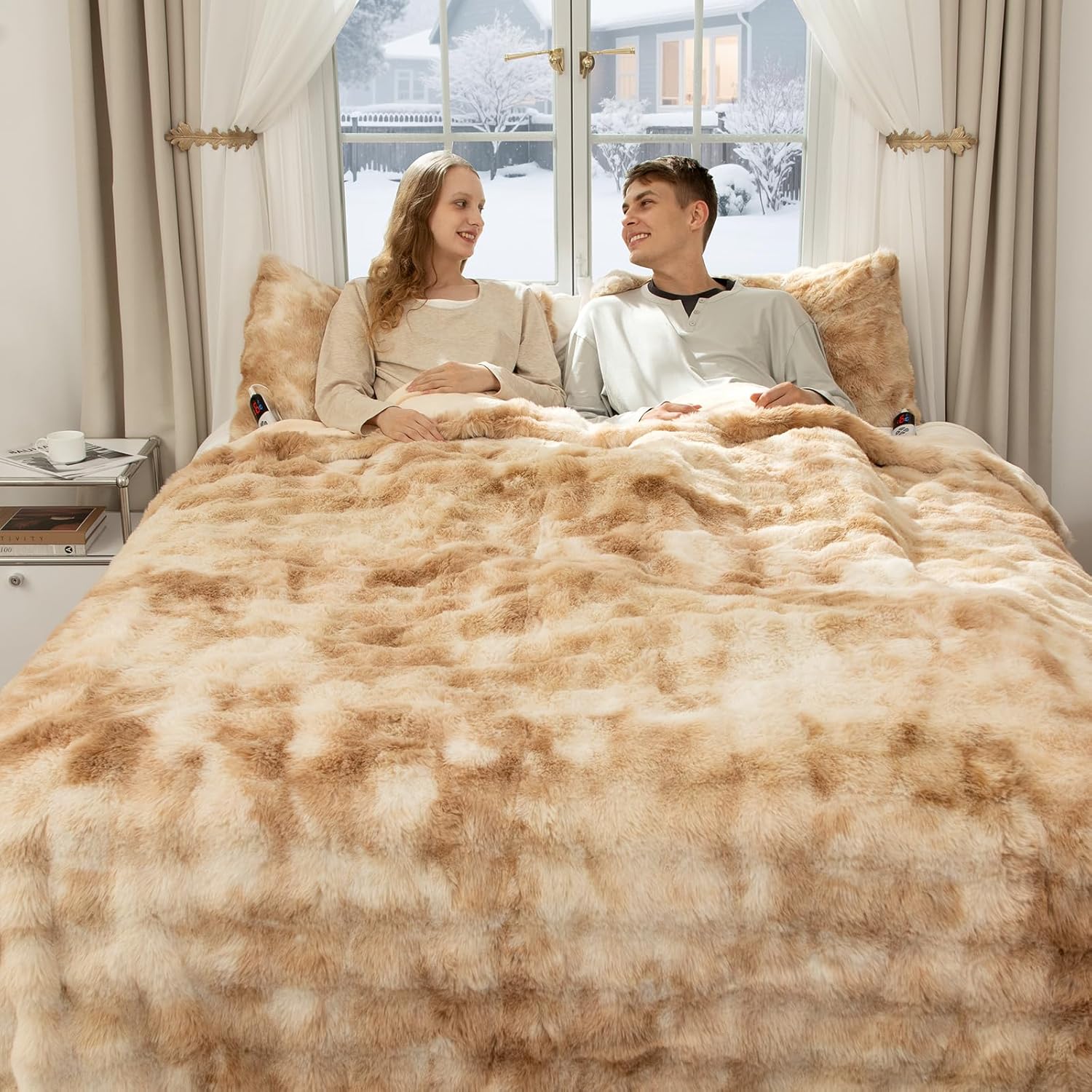Faux Fur Electric Blanket King Size 100"X90" - Bubble Faux Fur Heated Blanket Fluffy Soft Thick with 6 Heating Levels & 10 hrs Timer Settings, Washable & ETL Certified for Bed, Tie-Dye Beige