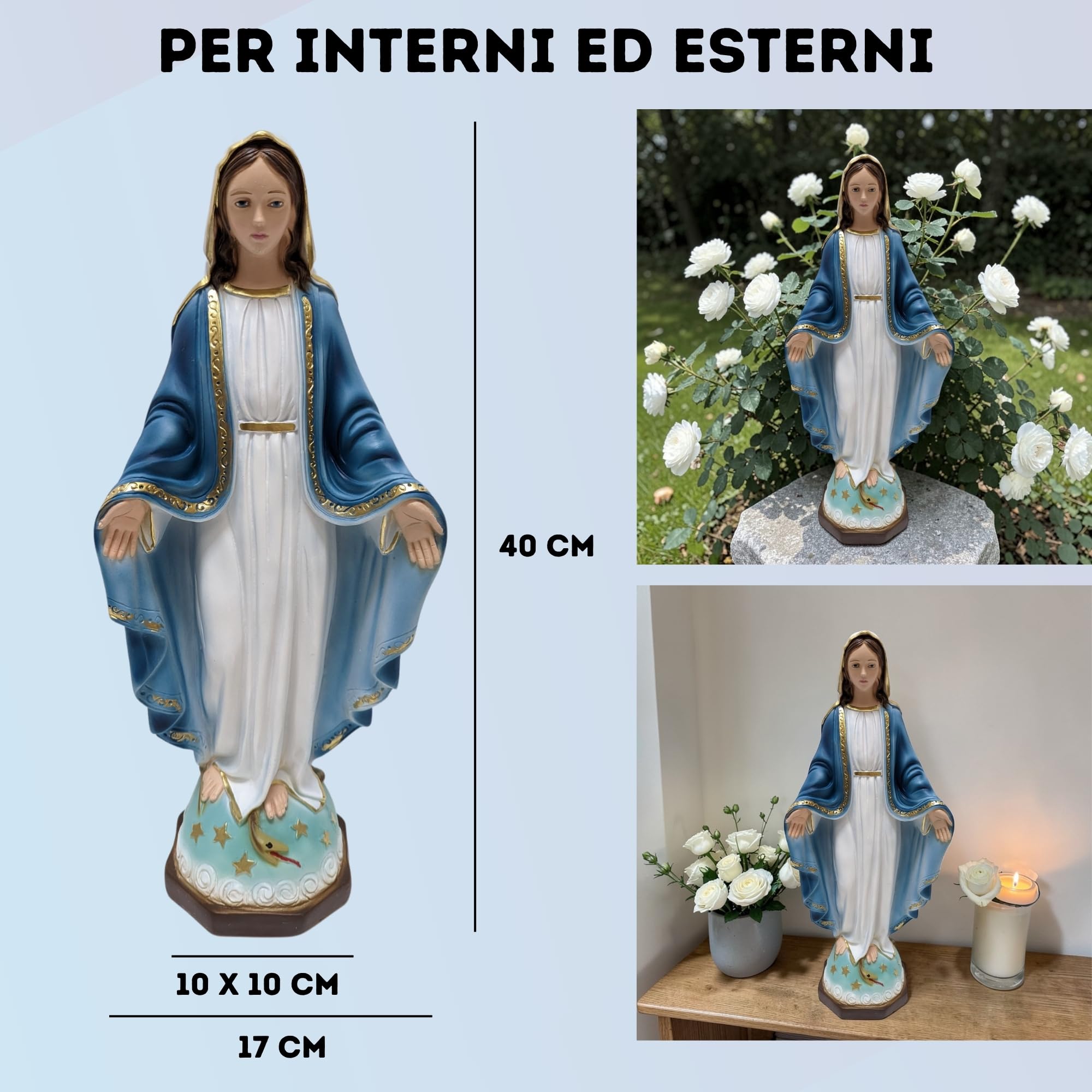 OVUNQUE PROTEGGIMI Statua Madonna Immacolata o Miracolosa cm 40, in polvere di marmo, per Interni ed Esterni, Statuetta della Madonnina Realizzata artigianalmente in Toscana.