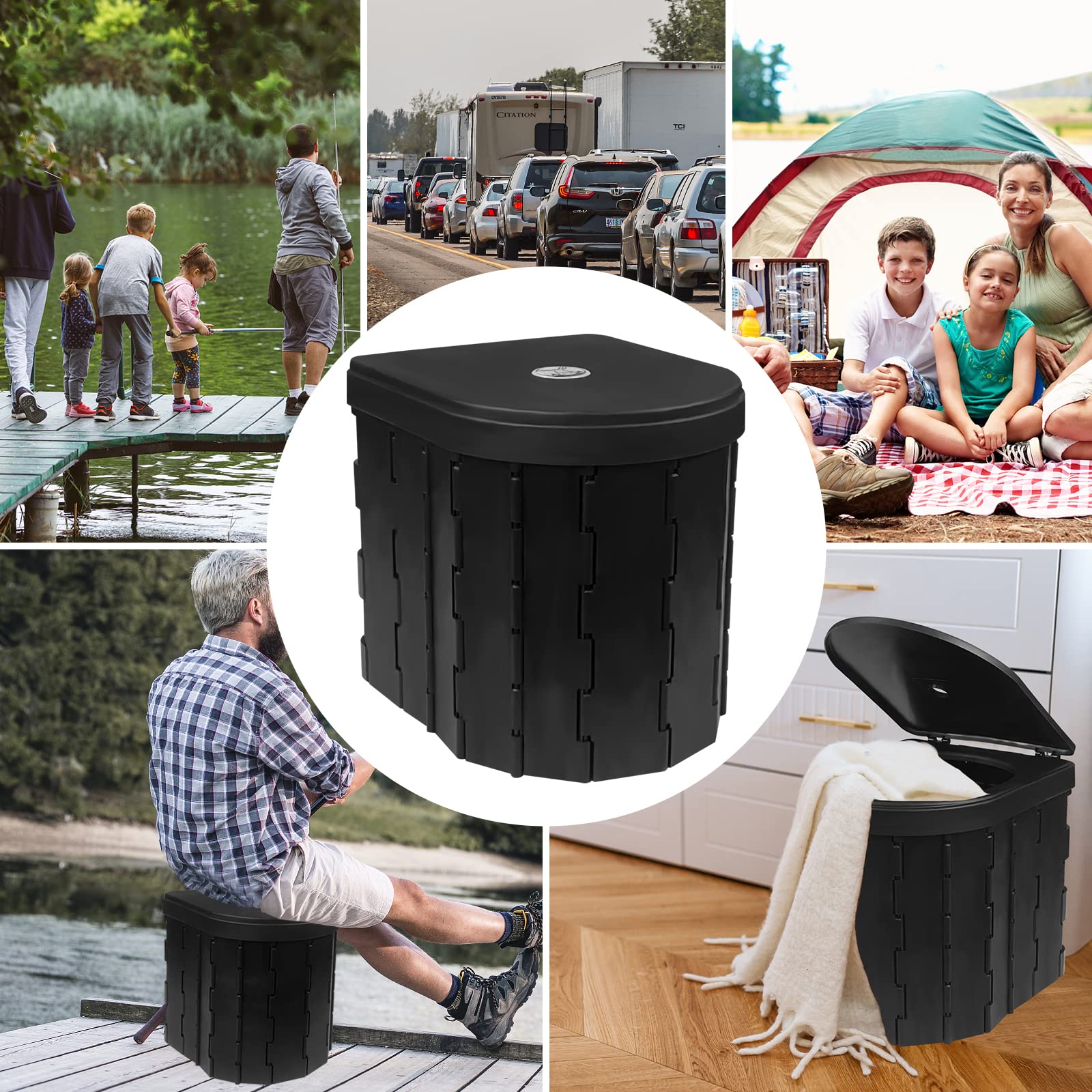 Fousenuk WC Portatile Nero, WC da Campeggio Pieghevole con Coperchio | con 2 Rotoli di Sacchetti per Spazzatura, Toilette Portatile Portante da 150 kg per Escursioni, Campeggio, Viaggi Congestione