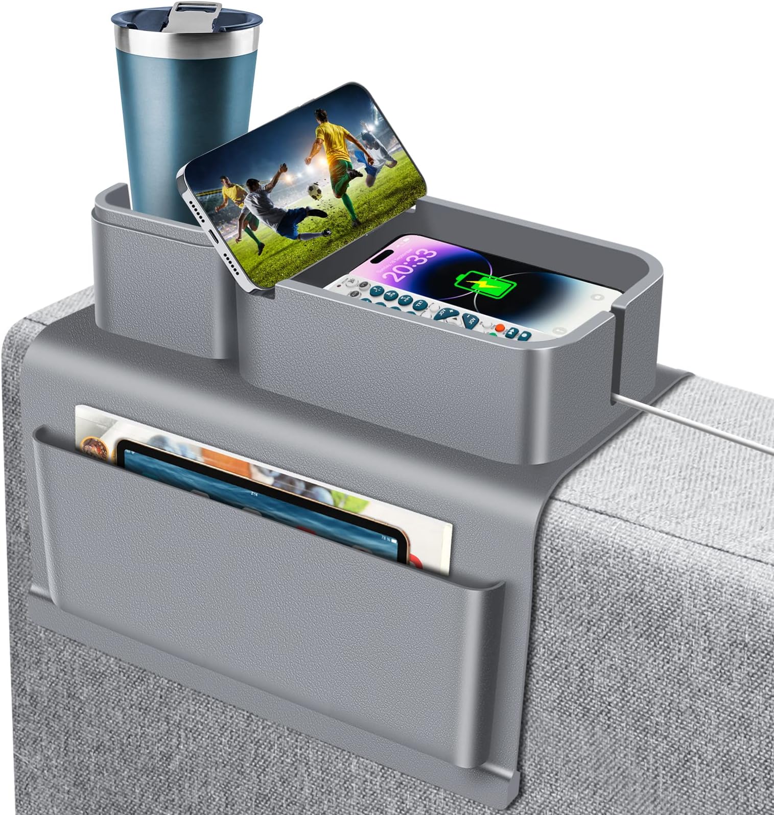 EasyjoyCouch Cup Holder Tray, Super Large Silicone Sofa Armrest Tray with Side Pockets, Anti-Spill Anti-Slip Couch Arm Tray, Cup Holder for Couch Arm Caddy, Couch Cup Holder Gifts for Family, Gray