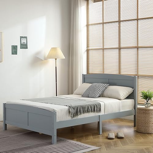 Miniatura 7 de Base de cama de plataforma de madera con cabecero, soporte de listones de madera, no necesita somier, fácil montaje (gris, matrimonial)
