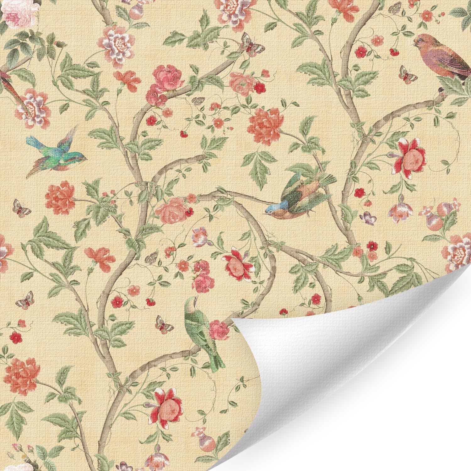ANHUIB Selbstklebende Tapete Vögel Blumen Tapeten Wandpapier Blume Folie Gelb Klebefolie Möbel Wasserdicht Vinyl Schränke Möbelfolie(44x300cm)Vintage Wandtapete Schlafzimmer Wohnzimmer Küche Wanddeko