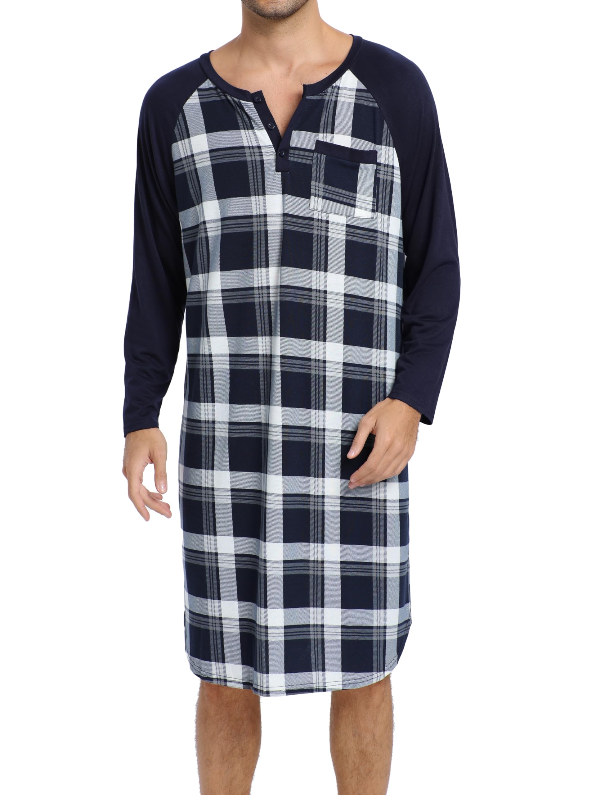 Enjoyoself Camisón Hombre Algodón Camisetas de Pijama Larga Dormir Suave Transpirable Camisa de Noche de Mangas Largas Camison Hospital Ropa de Dormir para Descansar