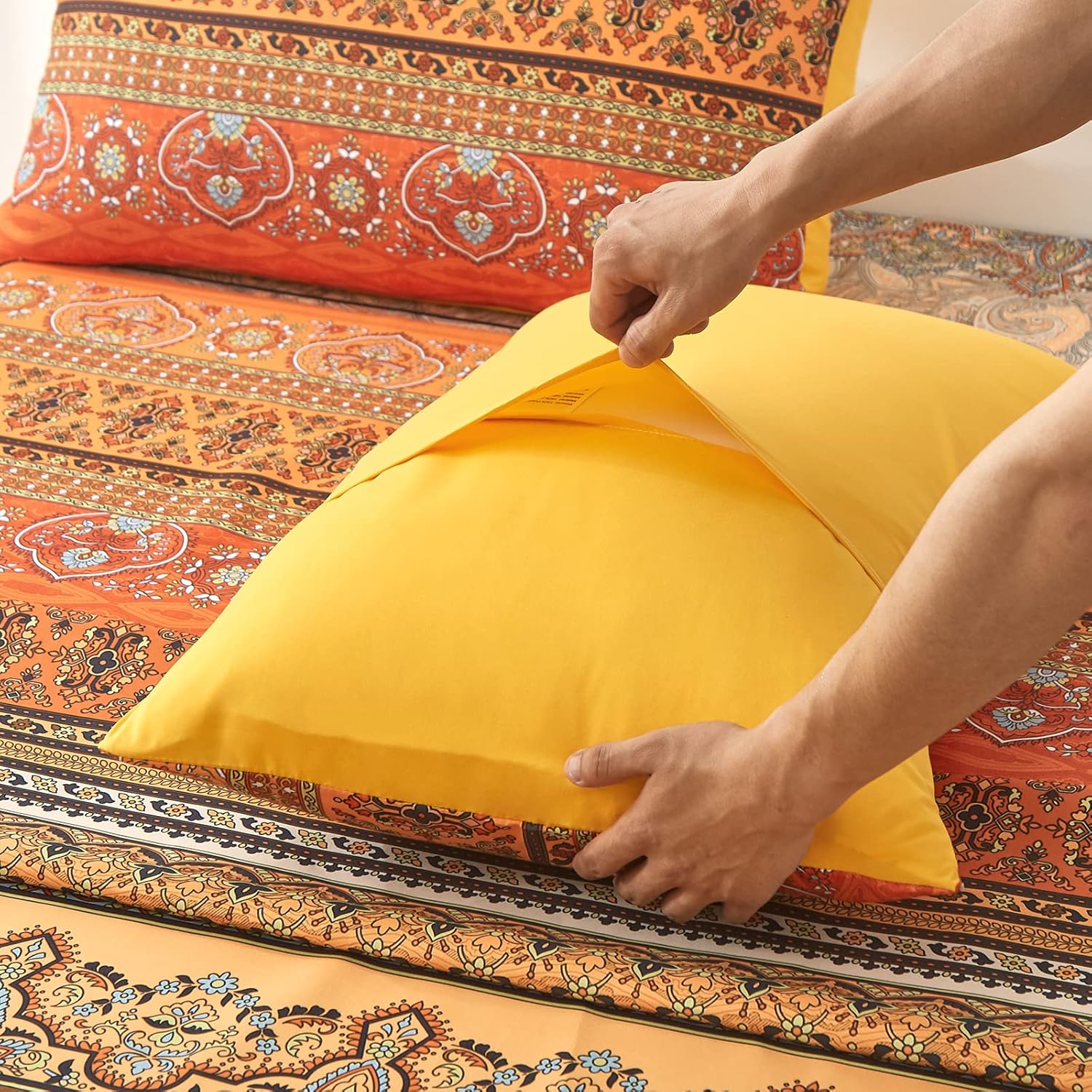 Boho Orange Sheets Set Queen Size(4 PCS) Colorful Bohemian Striped Bedding Sheets 14" Deep Pocket Indian Tribal Floral Fitted Sheet Flat Sheet 2 Pillowcases