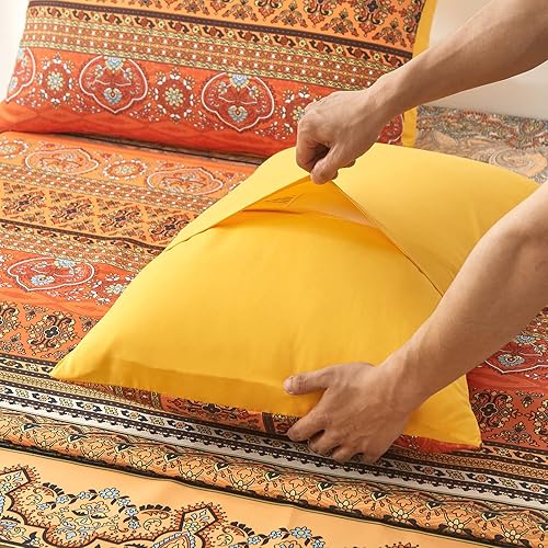 Miniatura 6 de Juego de sábanas bohemias naranjas tamaño Queen (4 piezas) Sábanas de cama a rayas bohemias coloridas con bolsillo profundo de 14 pulgadas Sábana