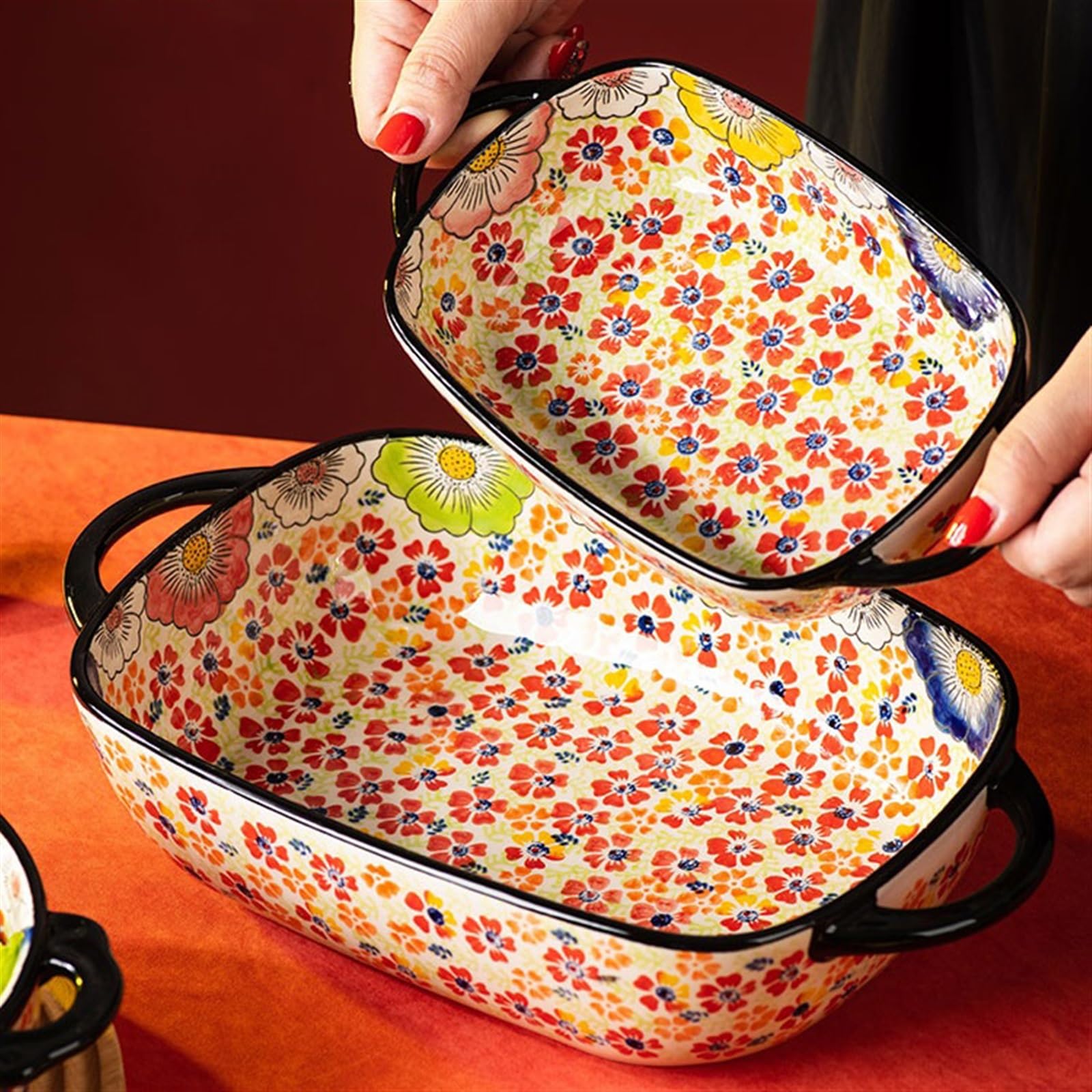 Naczynie do pieczenia i serwowania duża pojemność, domowa ceramiczna zastawa stołowa, miska na makaron, miska na zupę, salaterka, retro, podwójne ucho, odporne na wysokie temperatury, naczynie do
