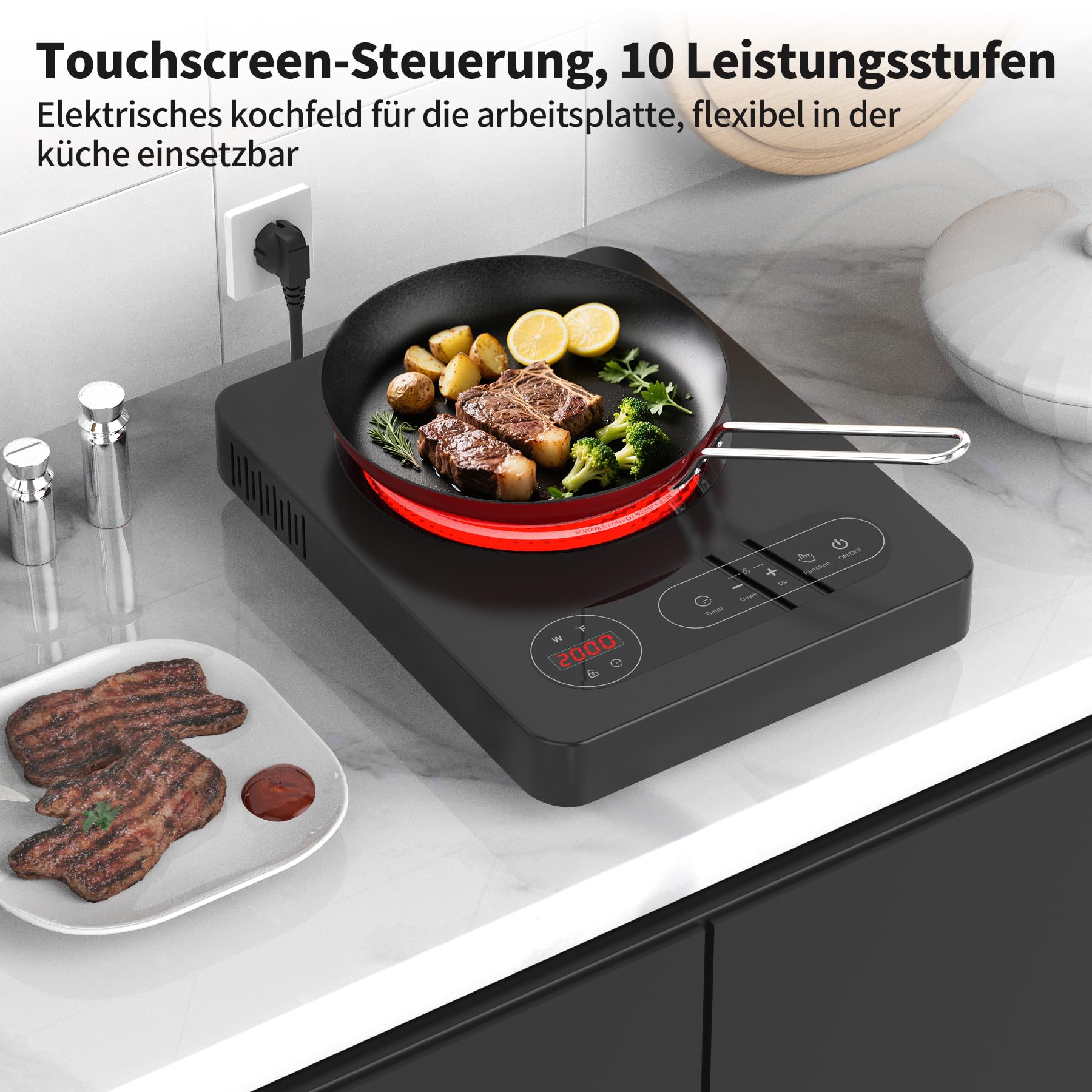 VBGK Glaskeramikkochfeld 220V 2000W LED-Touch-Steuerung 10 Leistungsstufen 4-Stunden-Timer Sicherheitsschloss 1 Platte