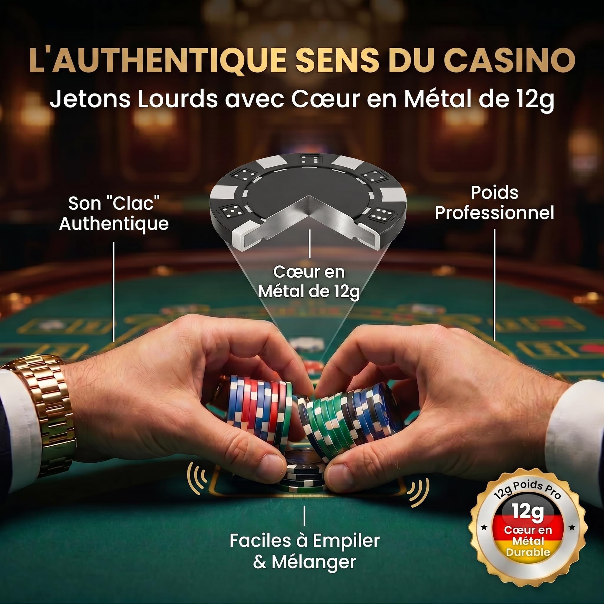 Mallette de poker Profi Pokerset comprenant 300-500 jetons de poker de haute qualité ; deck de poker, jeu de cartes, cartes de poker, dés, bouton de croupier ; casino à domicile (Or, 500 Jetons)