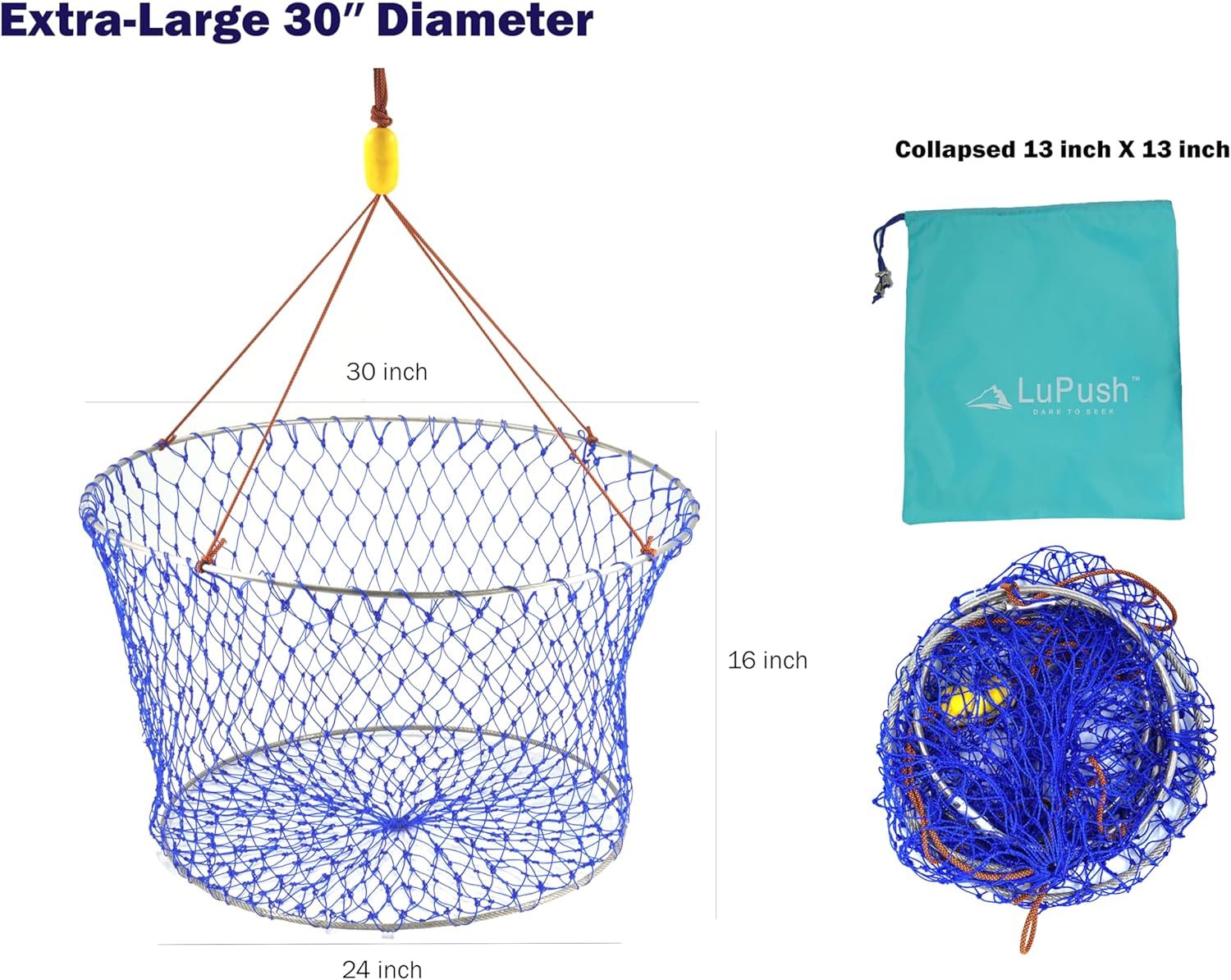 Crab Ring Trap – 30 inch Collapsible Crab Net with 100ft Rope, Aluminum Ruler, Bait Bag & Clip – 6 Pieces Portable Crab Trap for Easy Storage – Durable Grid Design for Dock & Pier Crabbing