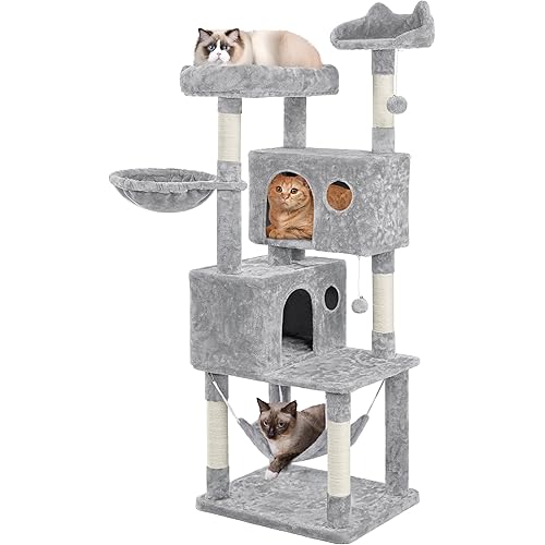 Yaheetech 64.5in Extra Large Multi-Level Cat Tree Kittens Play House Condo with Platform, Perch Hammock & Scratching Posts, Light Gray