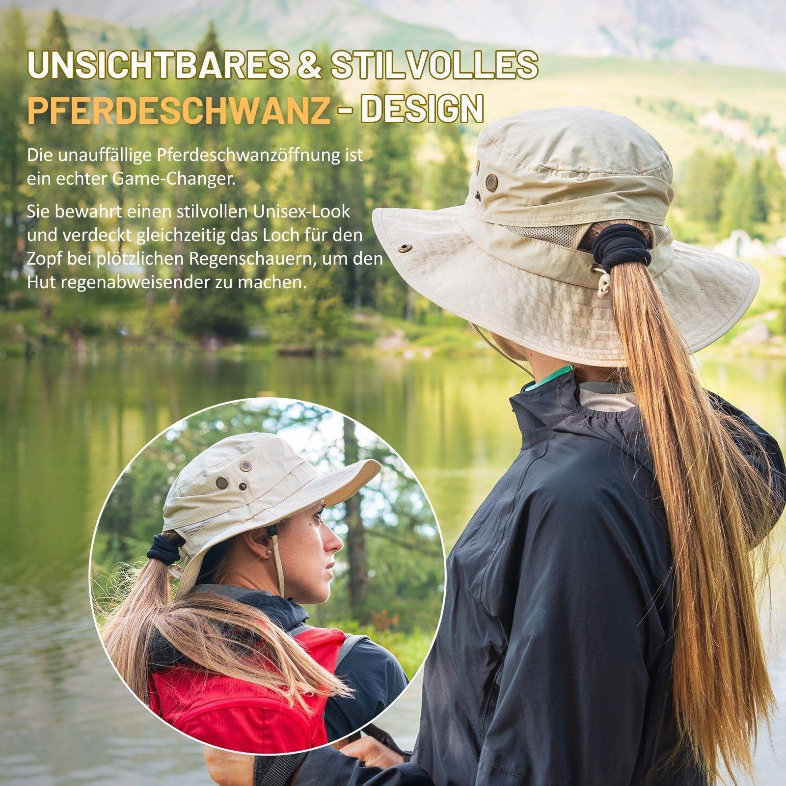 TOP-EX Chapeau de soleil à large bord pour femme, UPF 50, protection UV, imperméable, pliable, chapeau de safari pour l'extérieur, la marche, la pêche, avec trou pour queue de cheval