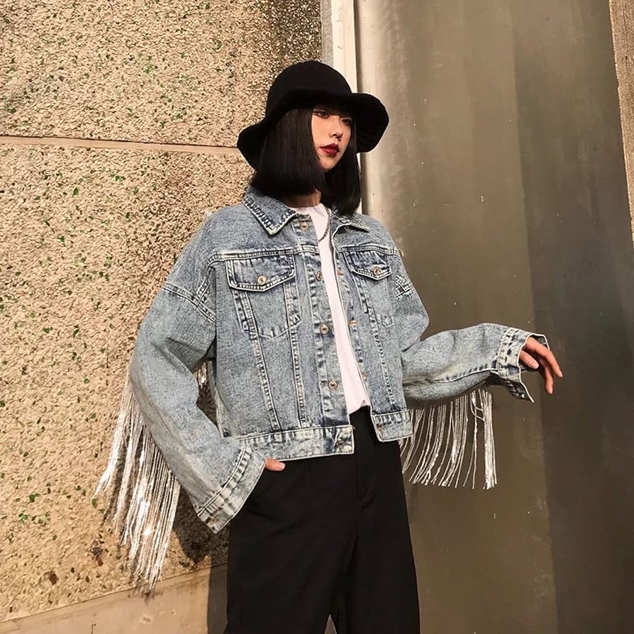 Women'S Embroidery Denim Jacket - Sequins Chain Tassel Veste