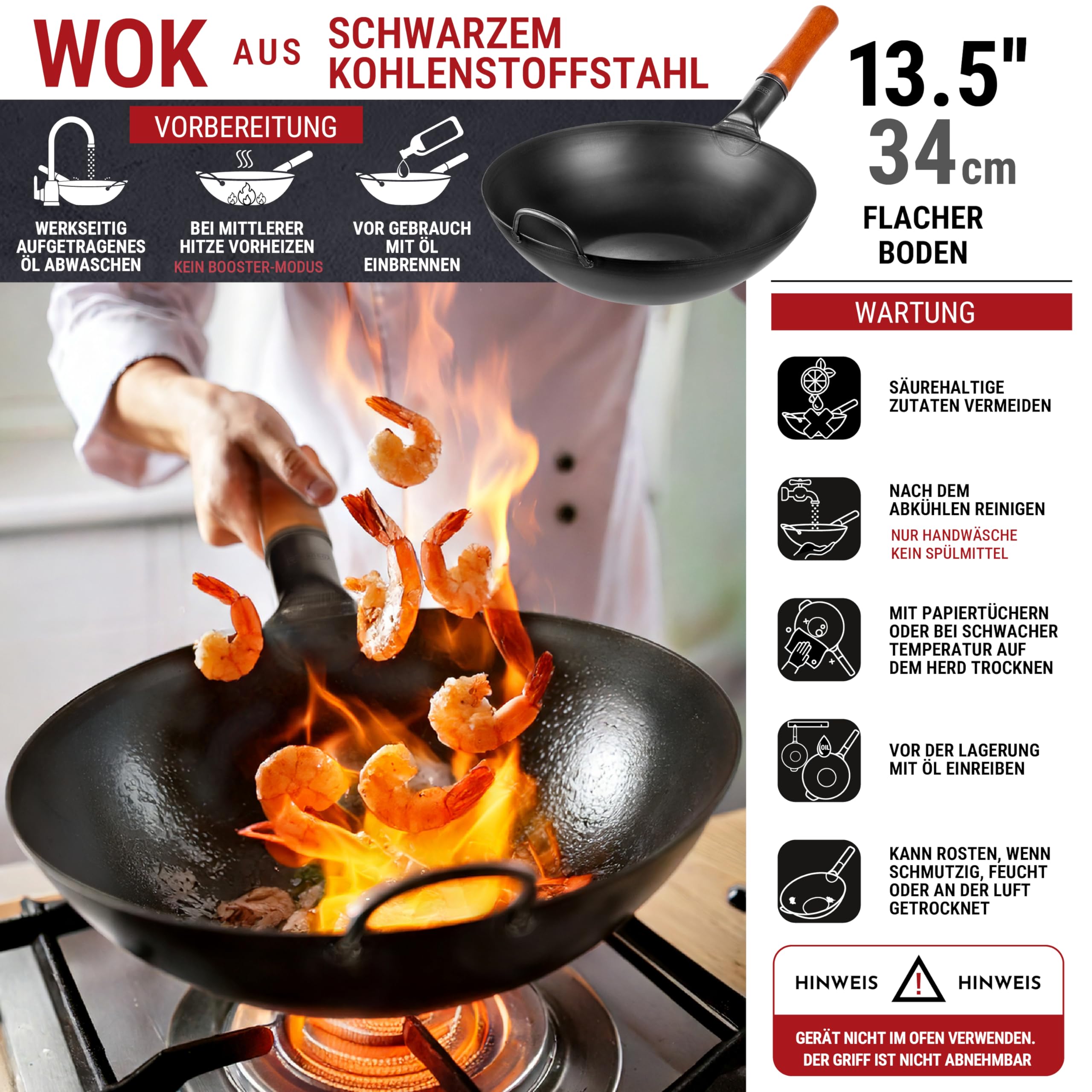 YOSUKATA Karbonstahl Woks & Wokpfannen - 34 cm Voreingebrannter Wok Pfanne Karbonstahl Flacher Boden - Traditionell Wok für induktionsherd - Kompatibel mit Gas- Elektroherden Grill Induktion Feuer