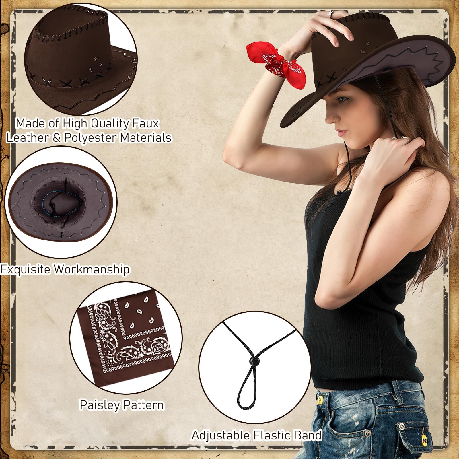 Set di 24 cappelli da cowboy per adulti – Cappello western con tesa larga in finta pelle scamosciata, cappello da cowboy, set da festa con 12 bandane e cordoncino regolabile per uomini e donne