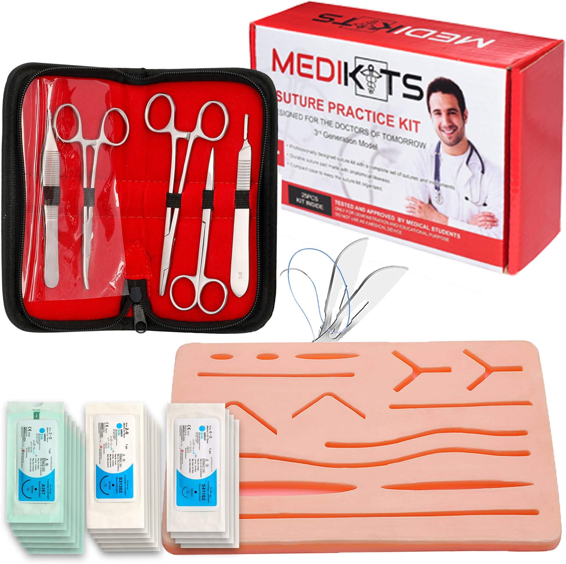 Medikits- Complete Suture Practice Kit for Suture Training, Including Large Silicone Suture Pad with Pre-Cut Wounds and Suture Tool kit (25 Pieces)(Demonstration and Education Use Only)