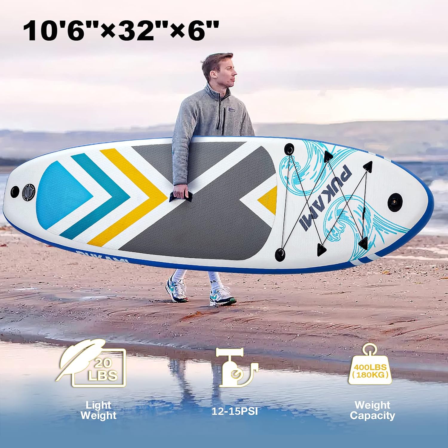 PUKAMI Tabla de remo inflable de 10 pies 6 x 32 pulgadas x 6 pulgadas con accesorios de tablero SUP de alta calidad que incluyen paleta ajustable,
