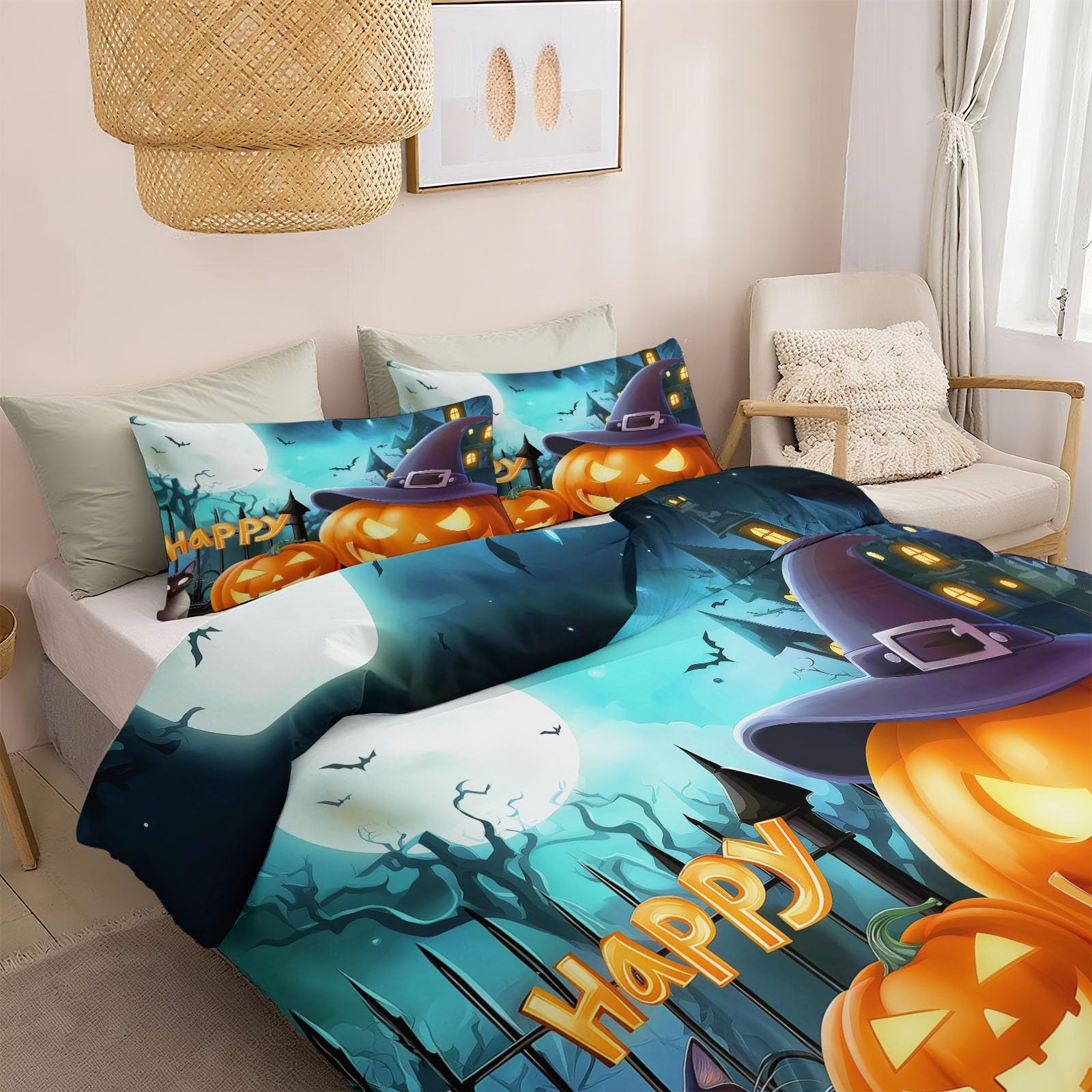 Zestaw kołder motyw Halloween kreskówka dynia, szczotkowana mikrofibra zestaw pościeli z 2 poszewkami na poduszki miękka hipoalergiczna poszewka na kołdrę 260 x 220 cm wielokolorowa, zestaw poszewek