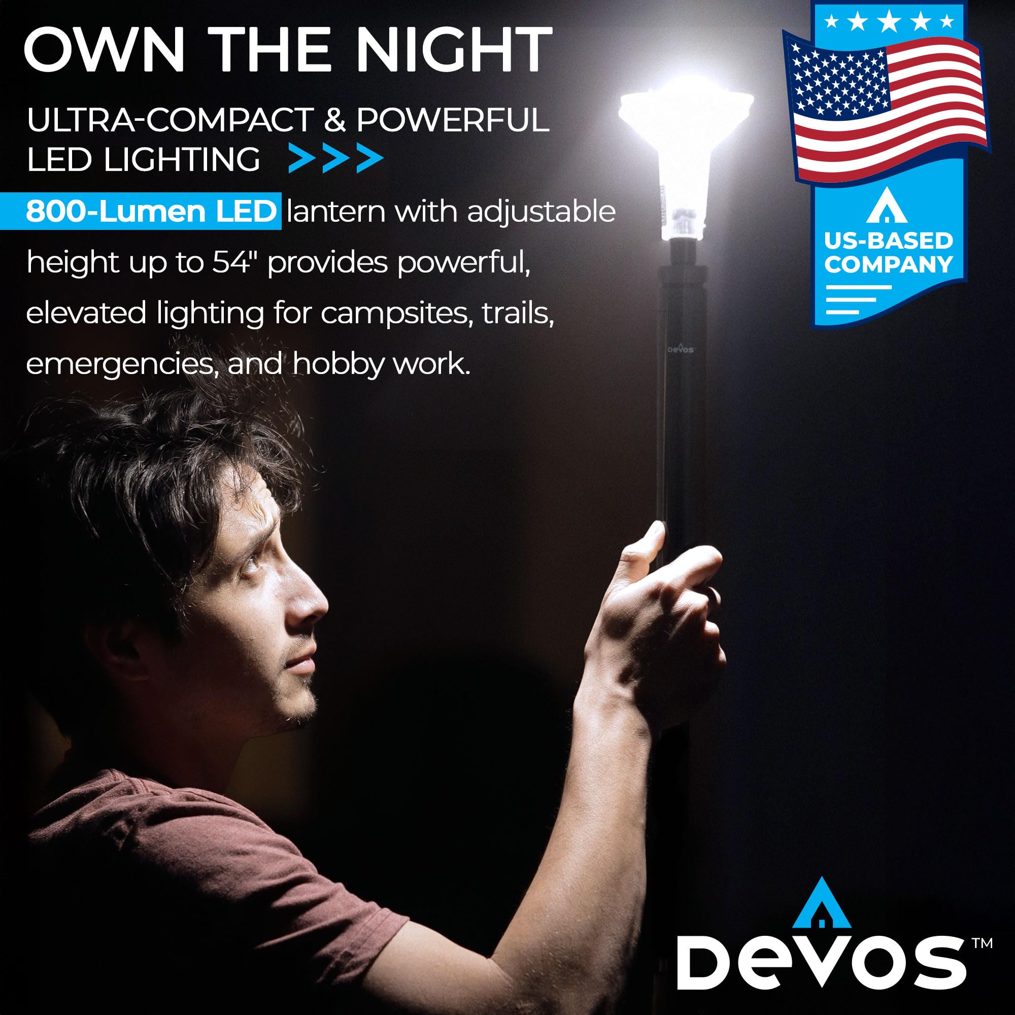DEVOS - LIGHTRANGER 800 Mini Telescopica Campeggio Luce, 4,5 Alto con 800 Lumen, Ultra Compatto e Portatile, Lanterna LED Ricaricabile, Fino a 30 Ore di Autonomia, 1 Anno di Garanzia, Include Custodia