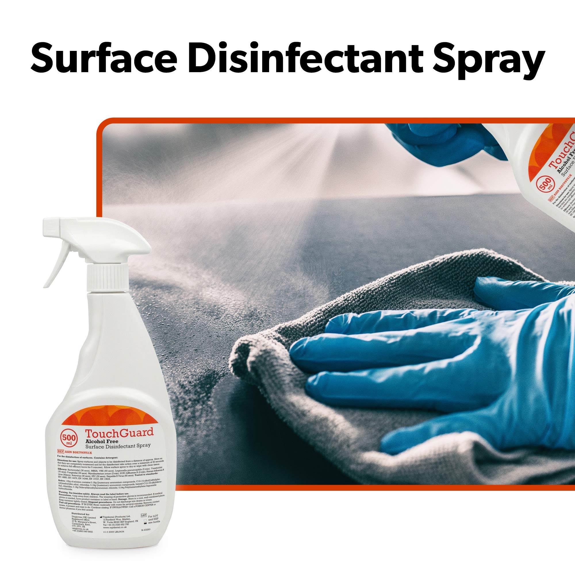 TouchGuard Lot de 10 x 500 ml, Spray désinfectant multi-surfaces sans alcool - Fabriqué au Royaume-Uni