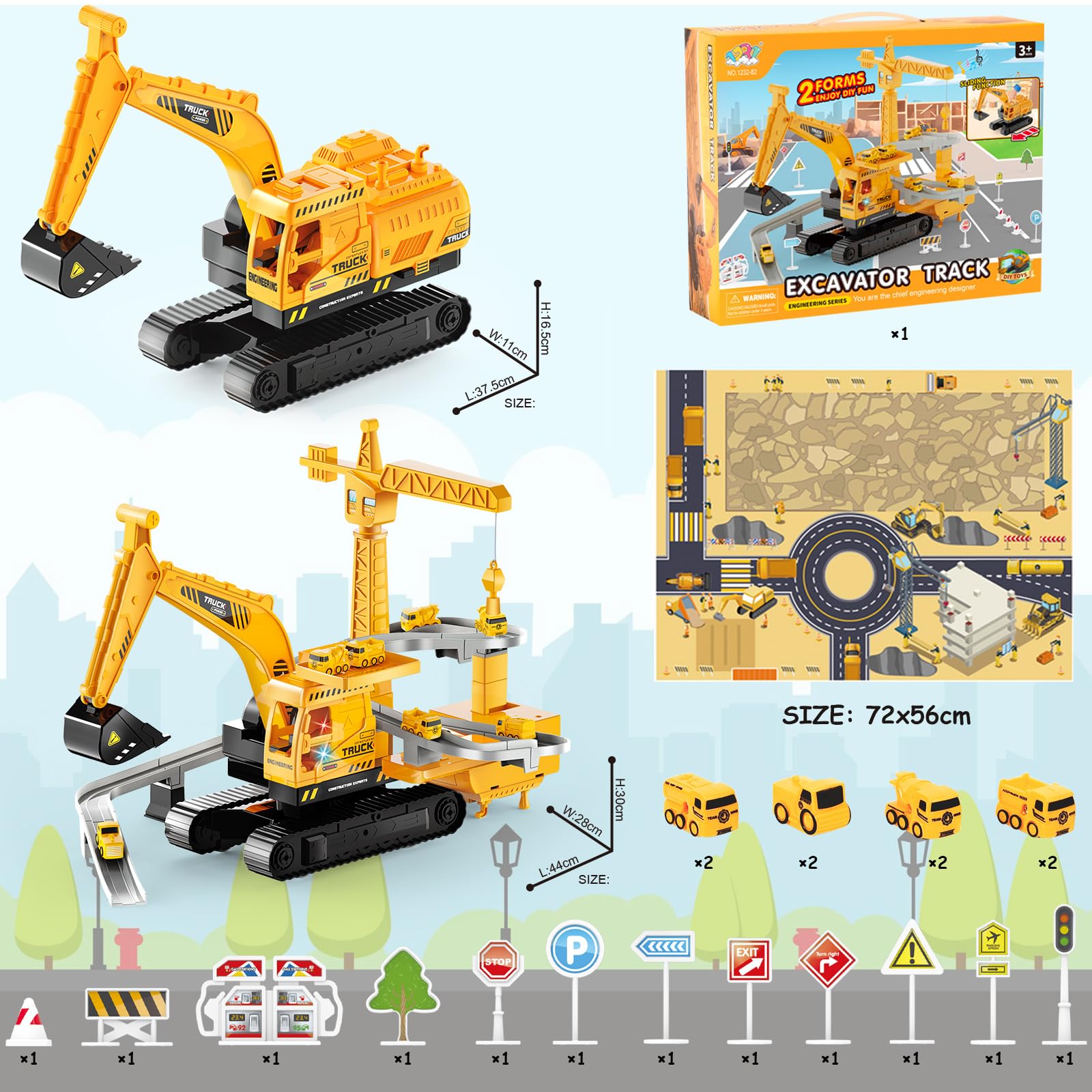 Aragallant Camión Excavadora Juguete, 2 en 1 Juego de Juguetes Camión de Construcción, Juguete de Grúa Excavadora con Luces, Música, 8 Minivehículos y Pista, Regalo de Cumpleaños para Niños