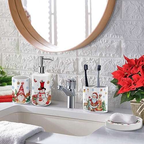 Miniatura 2 de Juego de 4 accesorios de baño de Navidad, decoración de baño de muñeco de nieve, vaso de baño de gnomo, dispensador de jabón de muñeco de nieve,