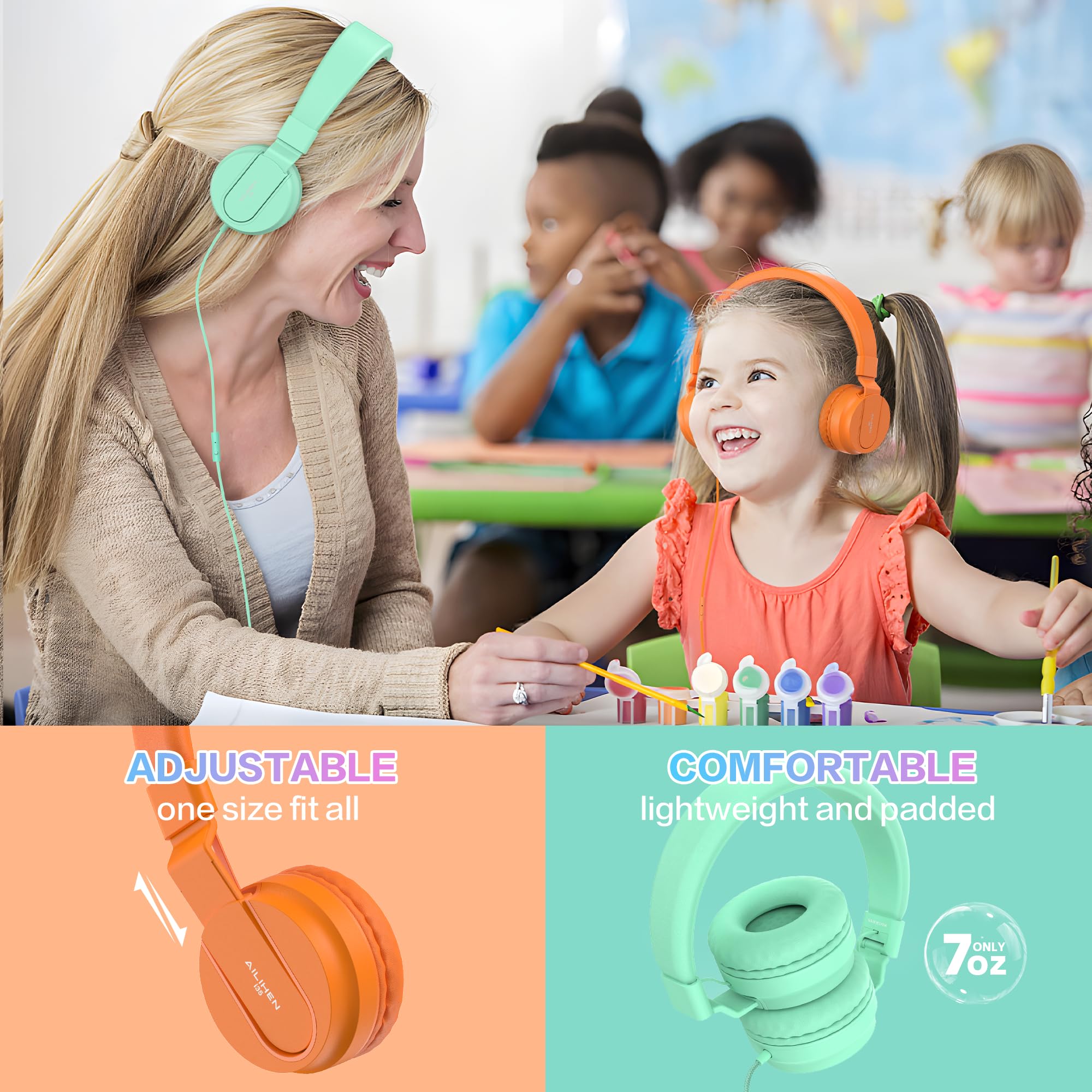 Confezione da 10 cuffie per bambini, per studenti di età superiore ai 12 anni, volume limitato di 93 dB, con microfono, jack resistente da 3,5 mm, per computer da biblioteca (colori misti)