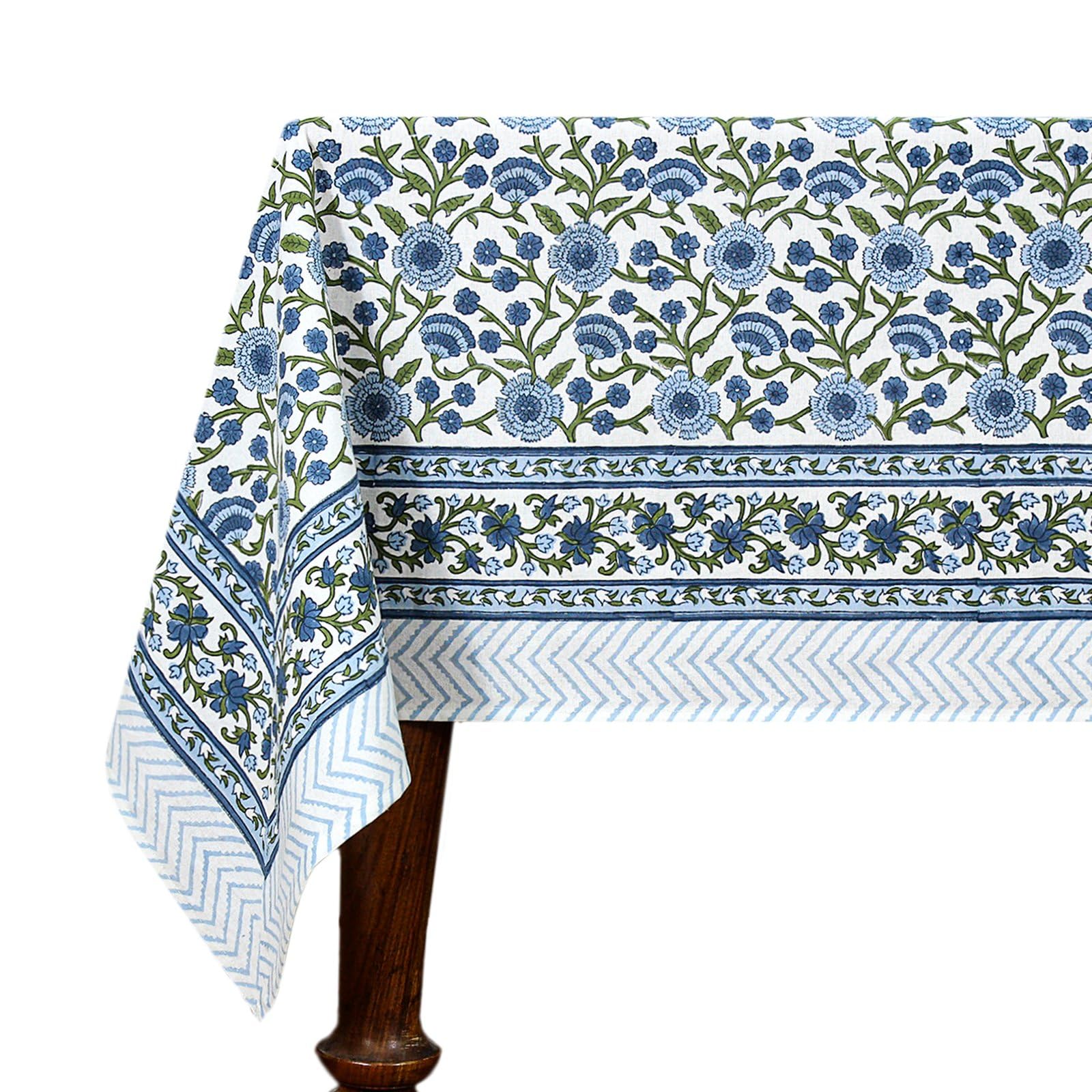 72x180 Inches Rectangle Hand Block Printed Cotton Tablecloth, Green White Floral Table Cloths Washable, Indian Table Linen For Valentine Thanksgiving Gifts Home Decor Dinning Outdoor — image 1