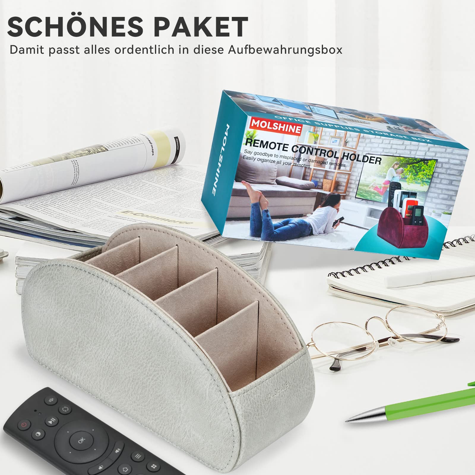 molshine Porta Telecomandi con 5 scomparti,Pelle PU Organizzazione Ufficio di Stoccaggio Caddy Box per Tv Remote,Media Player,Forniture per ufficio,Pennello di trucco (Grigio Chiaro)