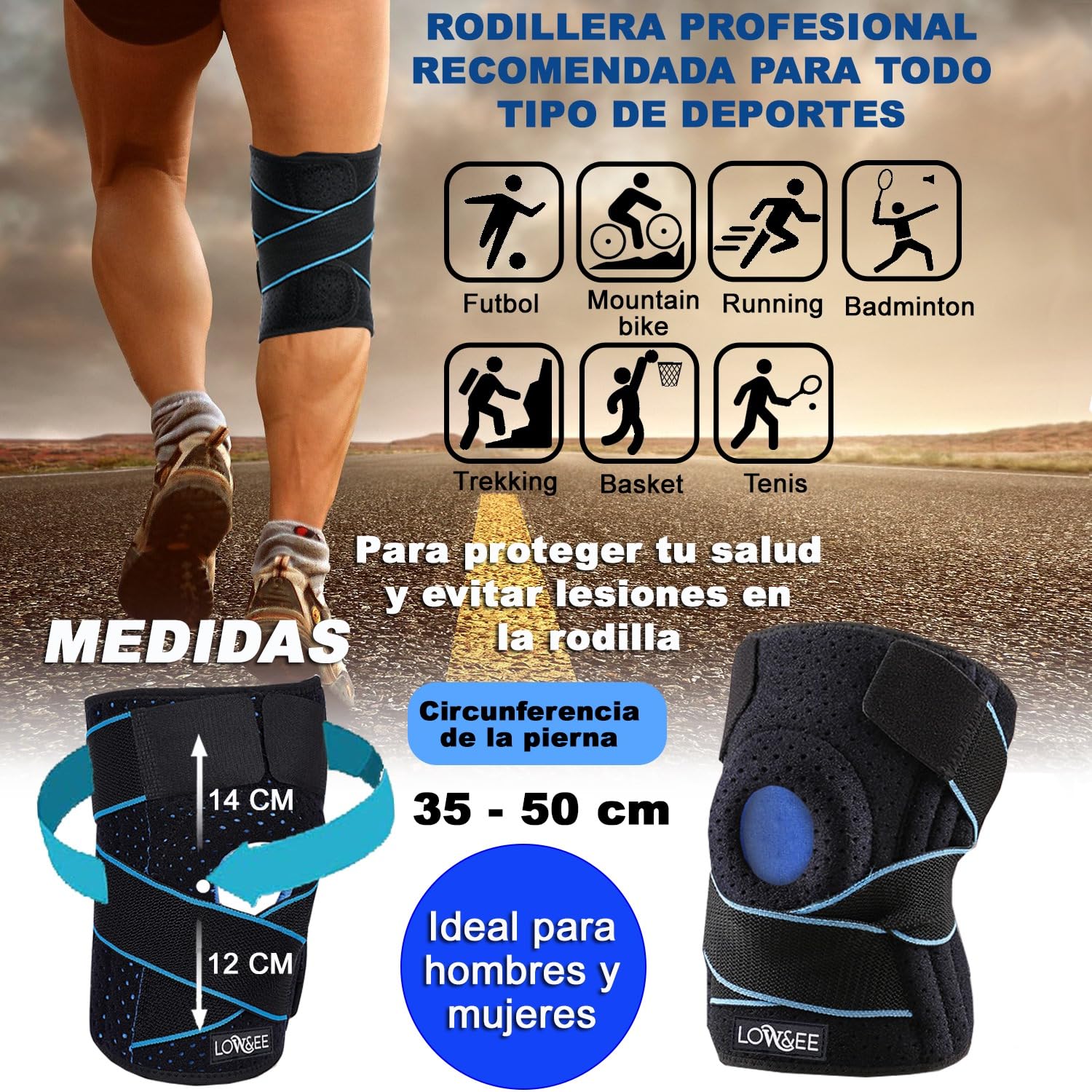 LOW&EE® Rodilleras Menisco y Ligamento Deportiva Ajustable – Rodilleras Gym - Rodillera Rotuliana Completa - Rodillera Crossfit - Rodillera Unisex de Neopreno con Silicona (Negro/Azul)