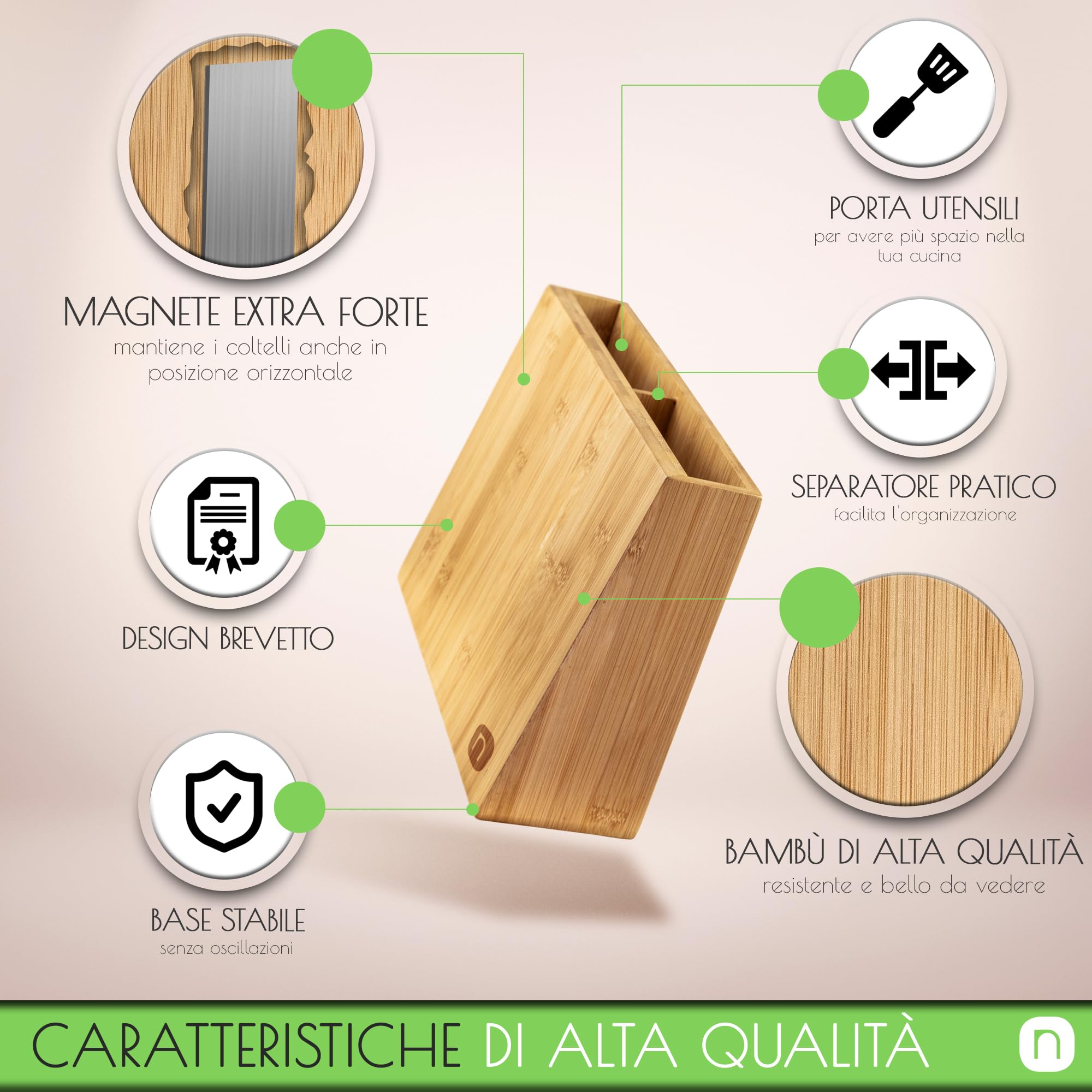 naturlik portacoltelli magnetico con 5 mestoli inclusi - 2 in 1: portacoltelli e portautensili da cucina - Portacoltelli da cucina in bambù - Organizzatore cucina