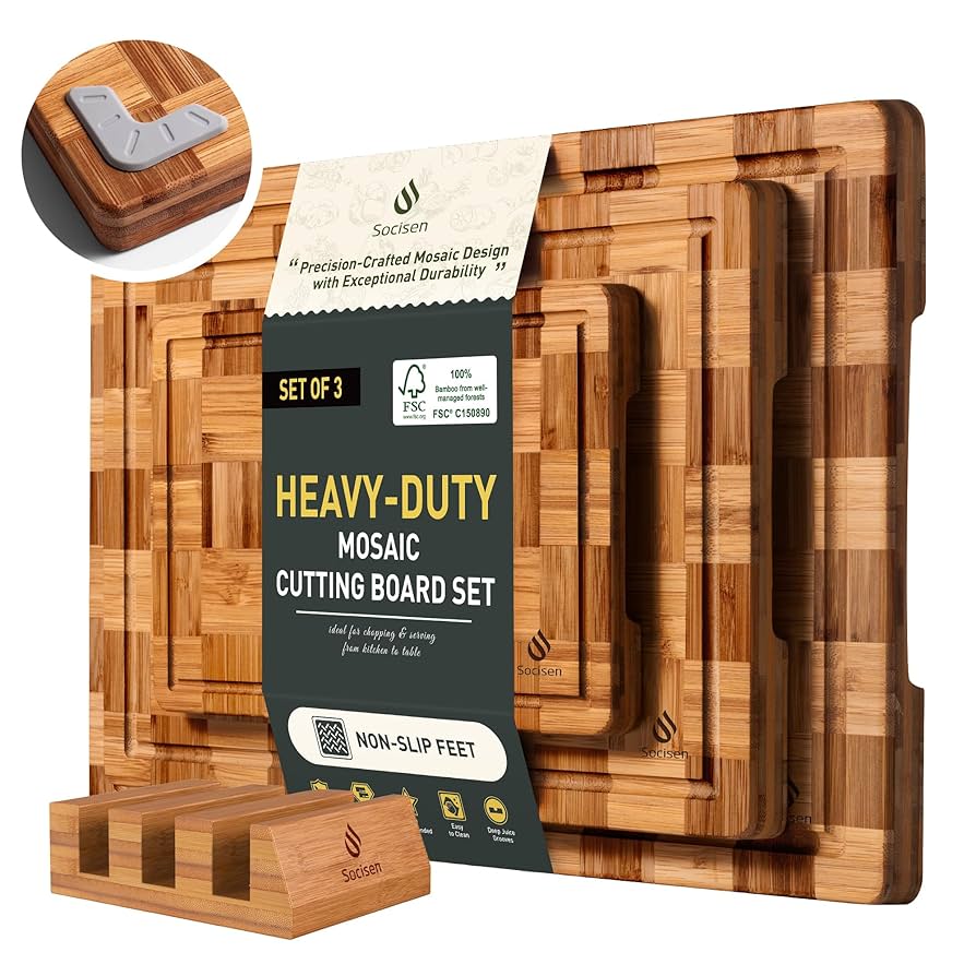 3 Pack Heavy Duty Bamboo Cutting Board Set Non Slip Over Sink Nice Solid End Grain Thick Wood Juice Groove Chopping Board Extra Large Big Small Best Kitchen Essential House Warming Hostess Host Gift