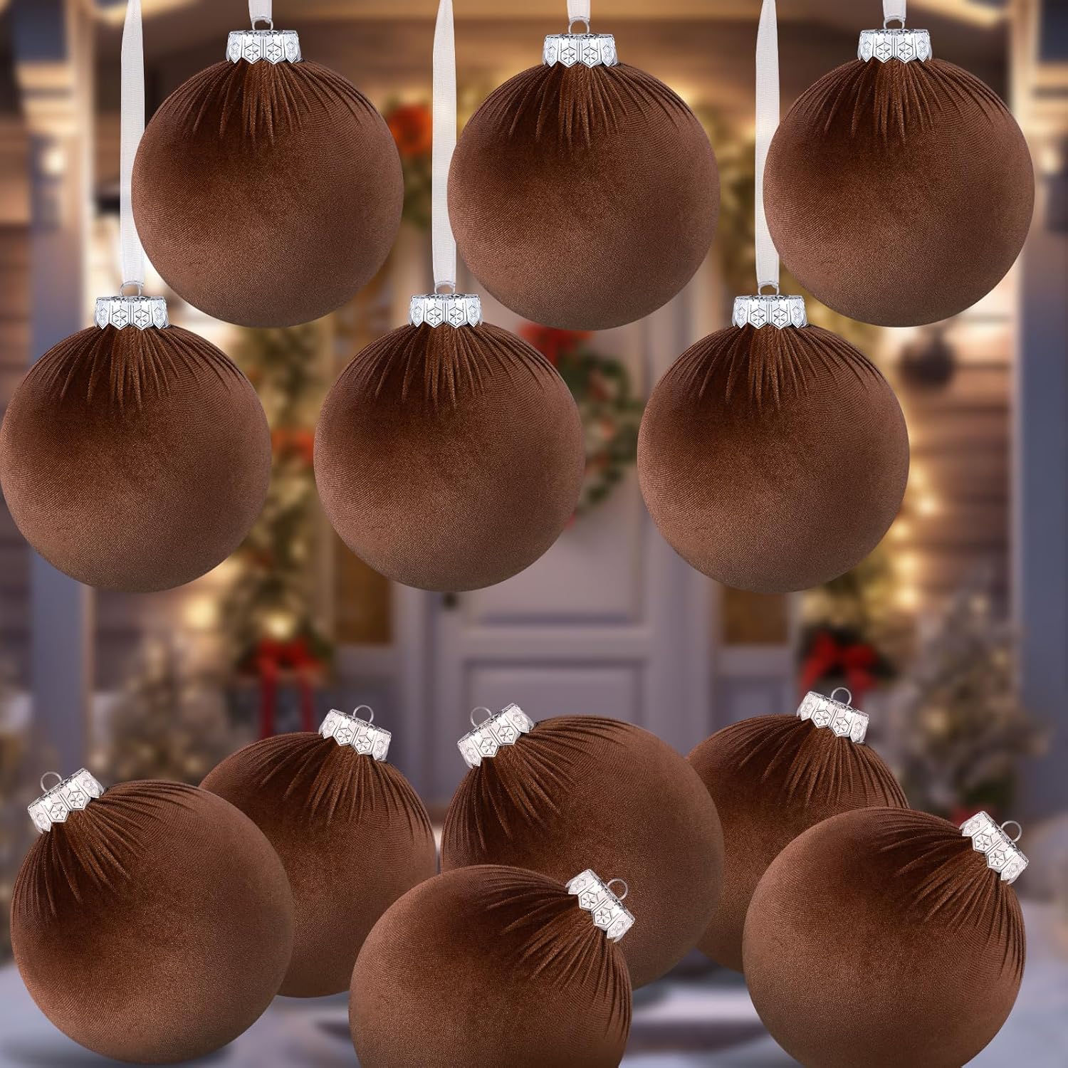 12 Pcs Jumbo Brown Velvet Christmas Balls Ornaments Bulk 6 Inch Extra Large Flocked Christmas Tree Ornaments Xmas Bulbs Decorations Giant Hanging for Outdoor Indoor Xmas Home Party