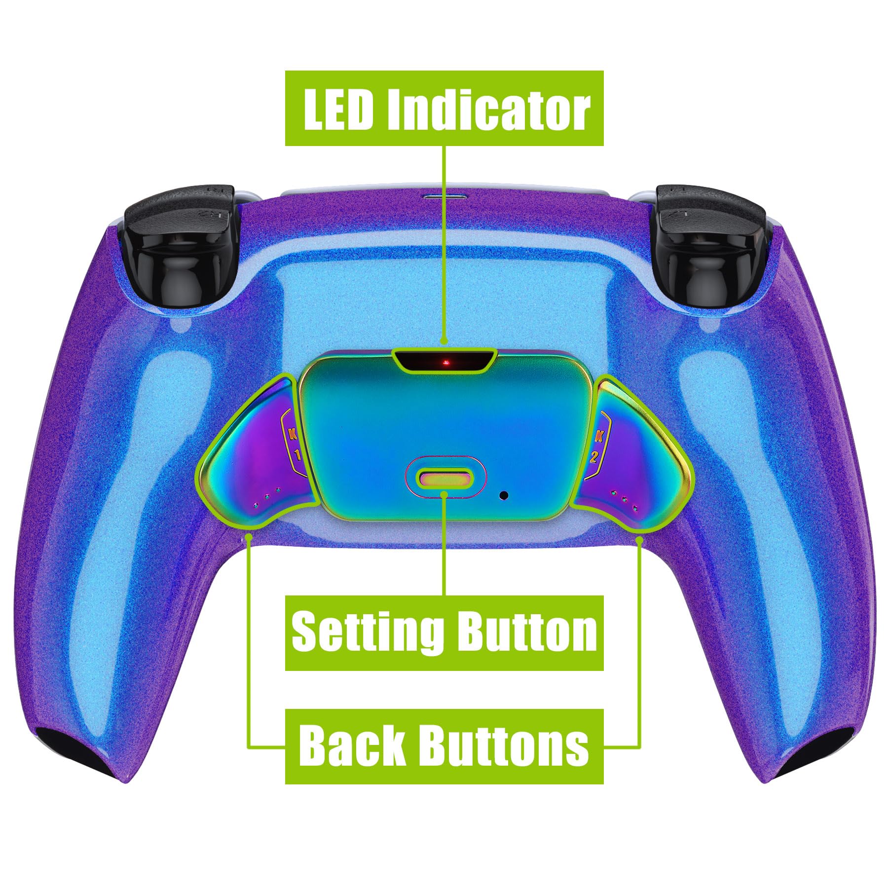 eXtremeRate RISE Remap Kit Programmabile per ps5 Controller BDM-030/040/050,Palette in Metallo Tasti Pulsanti Aggiuntivi Back Button Cover Posteriore per ps5 Joystick-Arcobaleno Viola Blu
